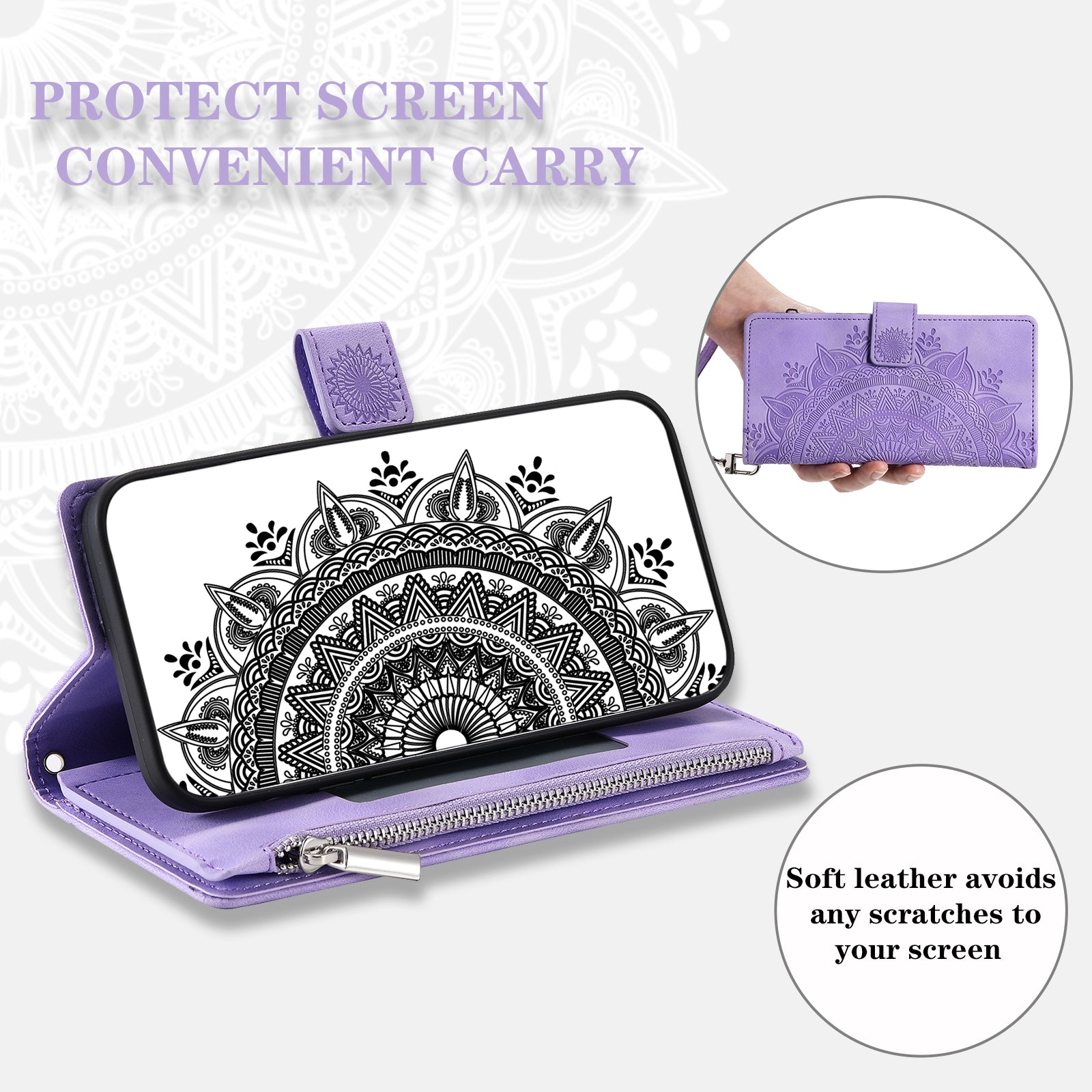 For Xiaomi Redmi Note 13 4G Case Mandala Imprinted Zipper Pocket Flip Leather Phone Cover with Strap