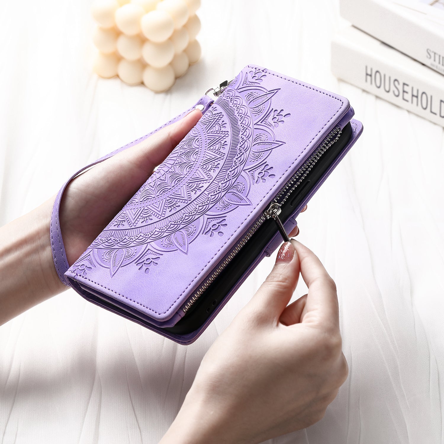 For Xiaomi Redmi Note 13 4G Case Mandala Imprinted Zipper Pocket Flip Leather Phone Cover with Strap