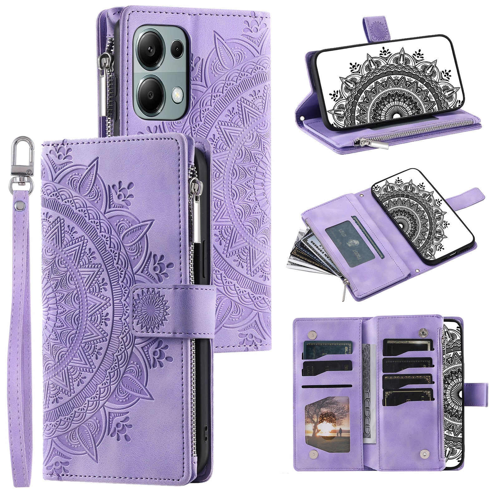 For Xiaomi Redmi Note 13 Pro 5G / Poco X6 5G Case Mandala Zipper Pocket Flip Leather Phone Cover with Strap