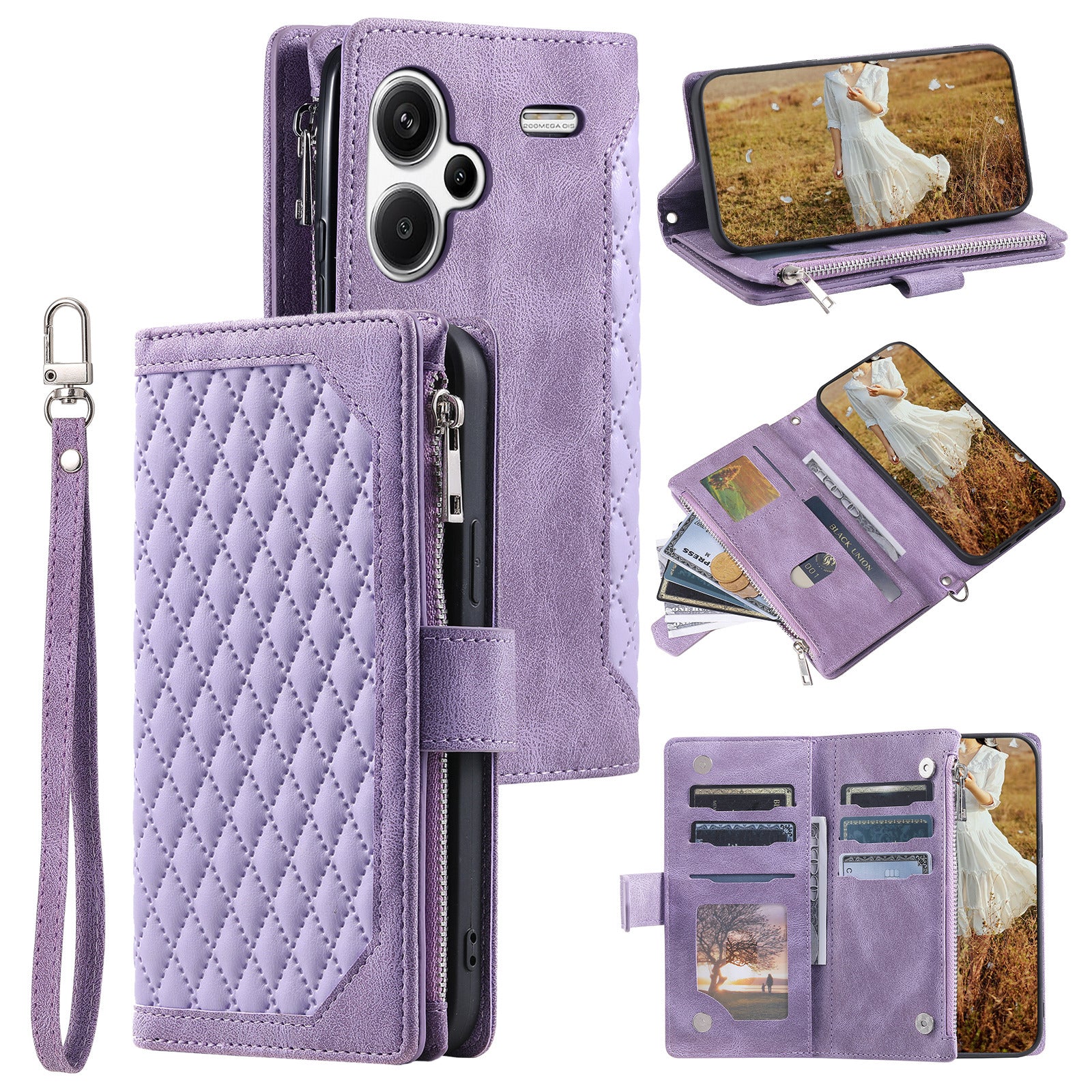 For Xiaomi Redmi Note 13 Pro+ 5G Case Zipper Pocket Flip Leather Phone Cover with Wrist Strap