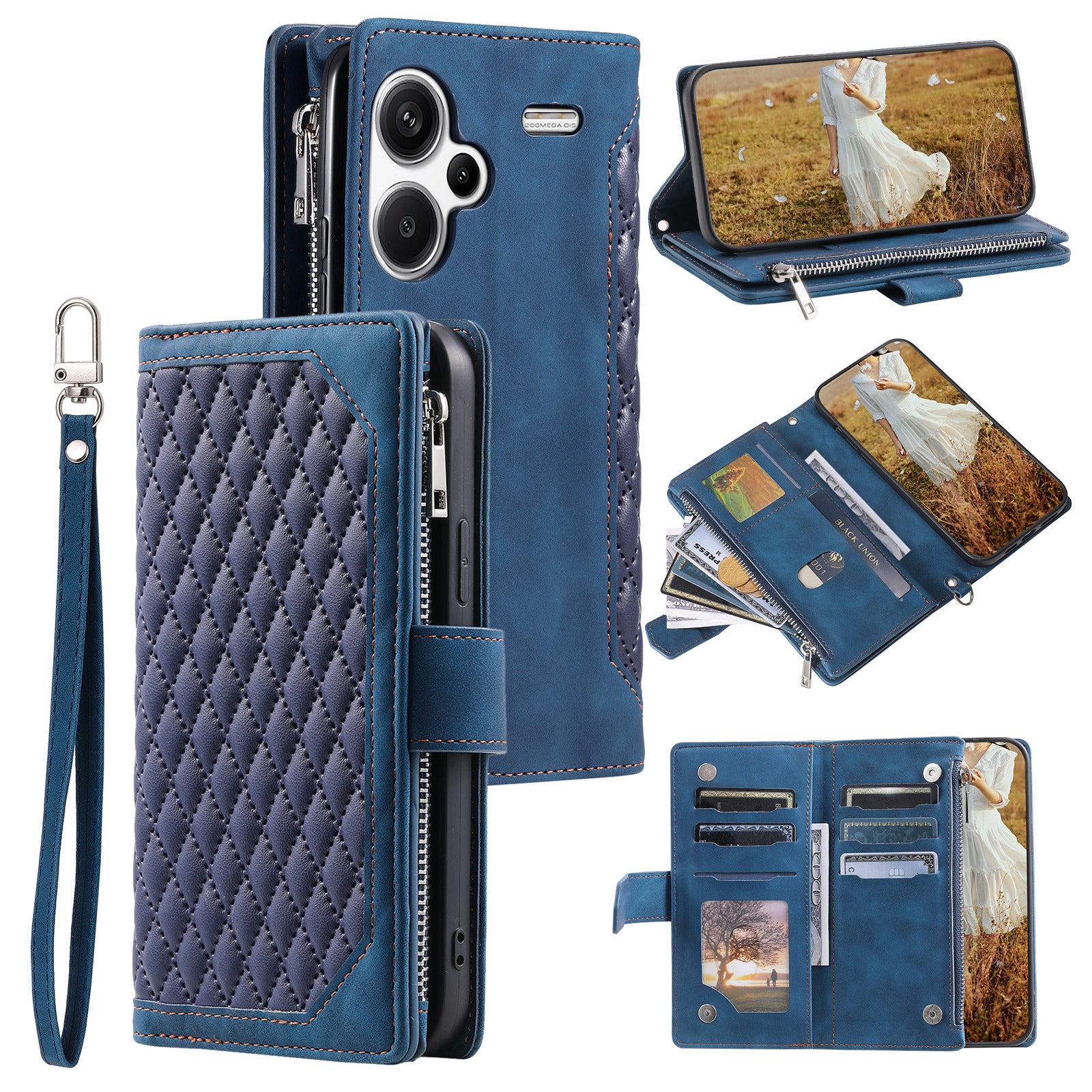 For Xiaomi Redmi Note 13 Pro+ 5G Case Zipper Pocket Flip Leather Phone Cover with Wrist Strap