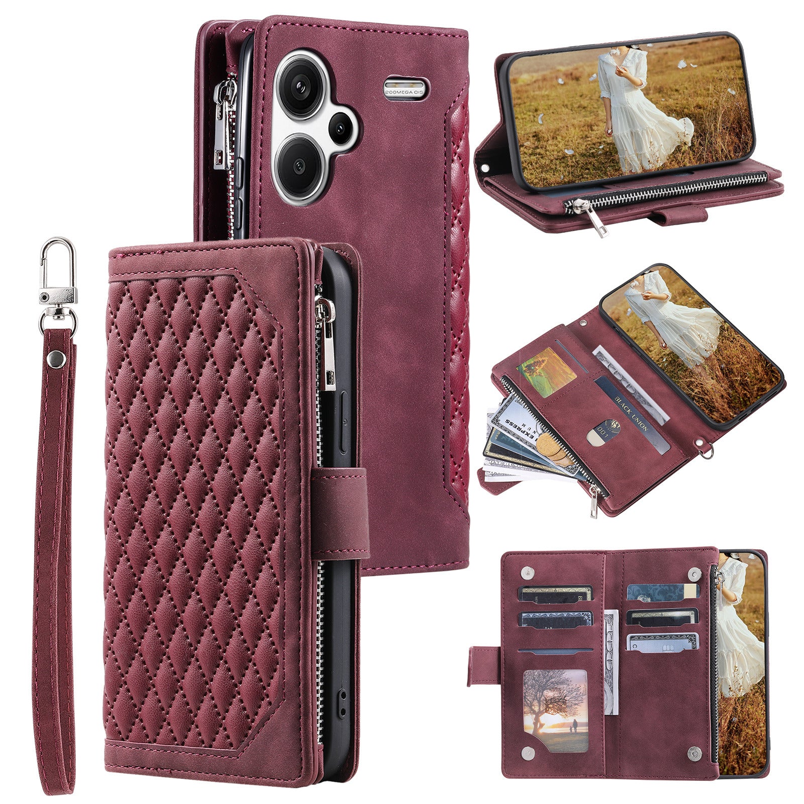 For Xiaomi Redmi Note 13 Pro+ 5G Case Zipper Pocket Flip Leather Phone Cover with Wrist Strap