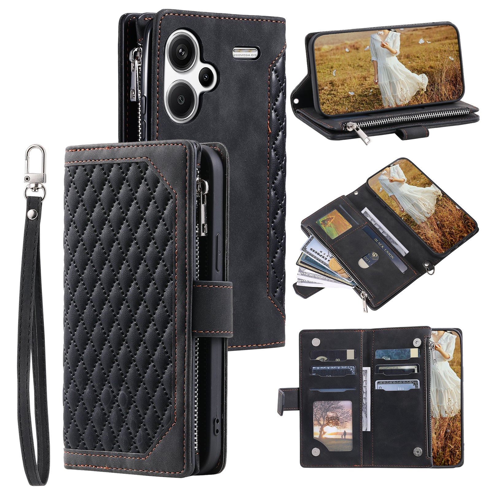 For Xiaomi Redmi Note 13 Pro+ 5G Case Zipper Pocket Flip Leather Phone Cover with Wrist Strap