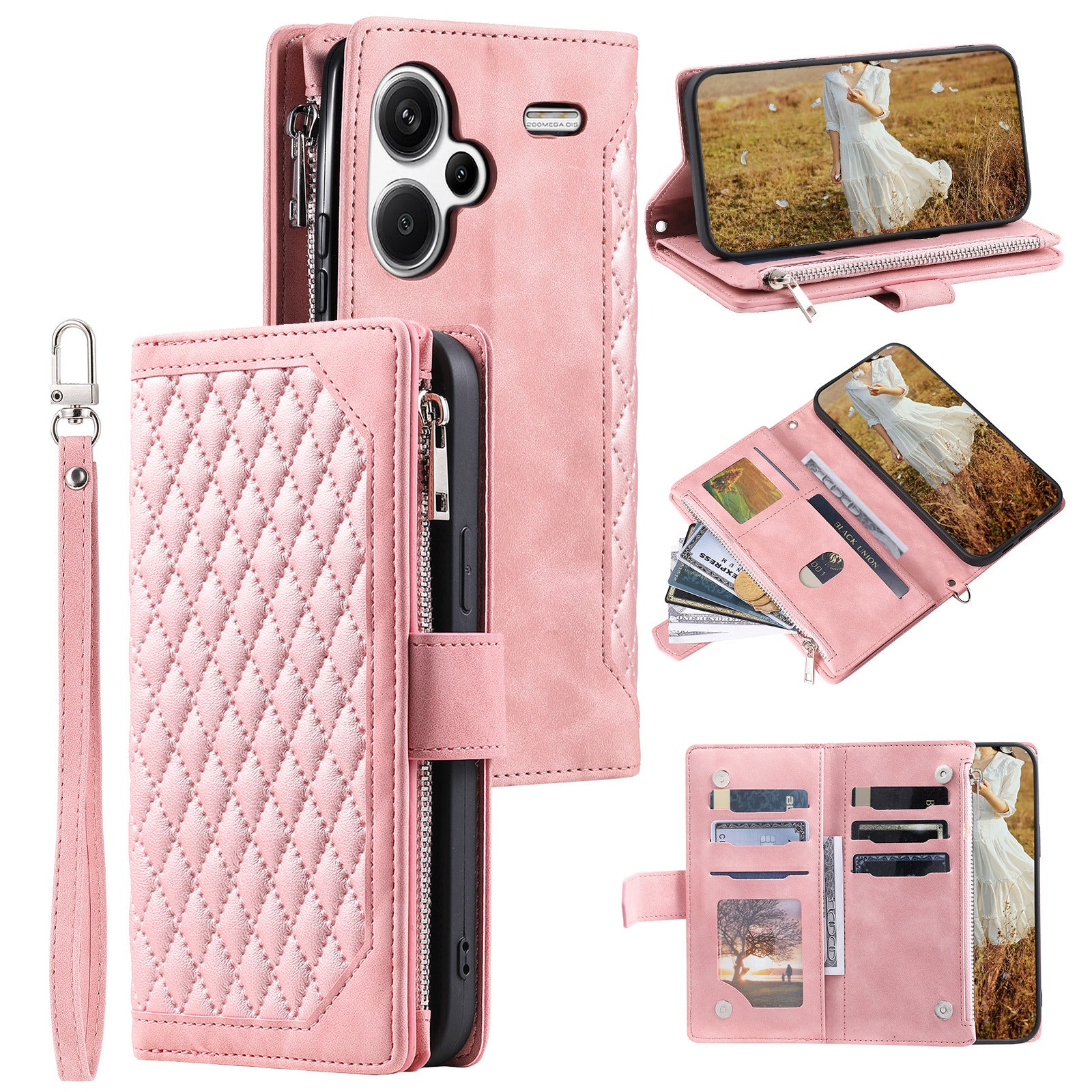 For Xiaomi Redmi Note 13 Pro+ 5G Case Zipper Pocket Flip Leather Phone Cover with Wrist Strap