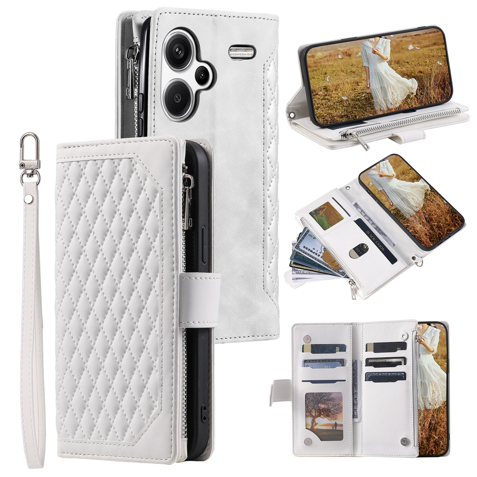 For Xiaomi Redmi Note 13 Pro+ 5G Case Zipper Pocket Flip Leather Phone Cover with Wrist Strap