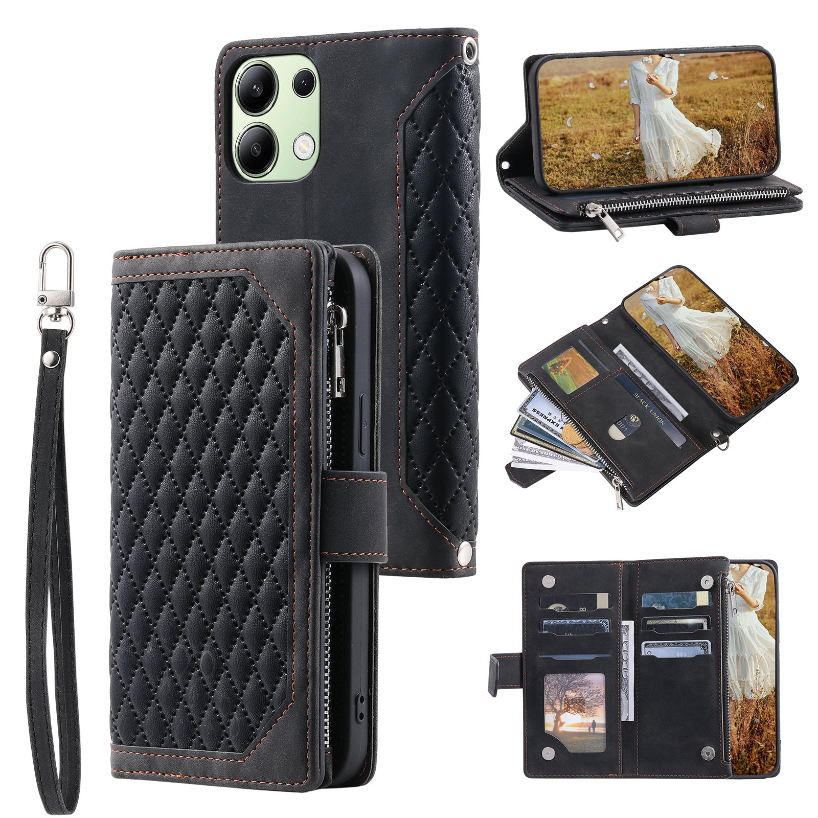 For Xiaomi Redmi Note 13 4G Wallet Case Leather Rhombus Texture Zipper Phone Cover with Wrist Strap