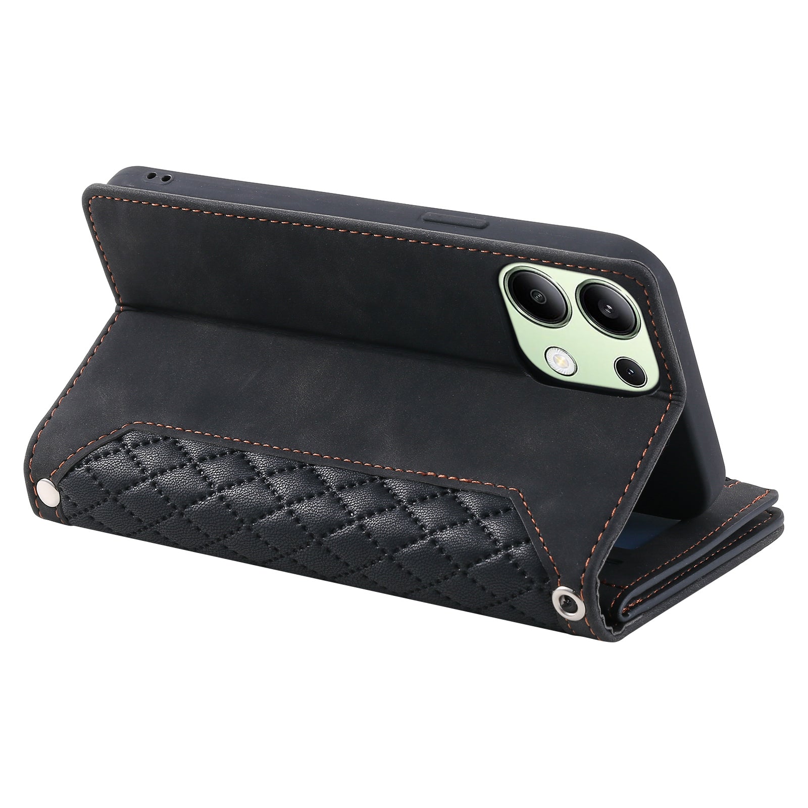 For Xiaomi Redmi Note 13 4G Wallet Case Leather Rhombus Texture Zipper Phone Cover with Wrist Strap