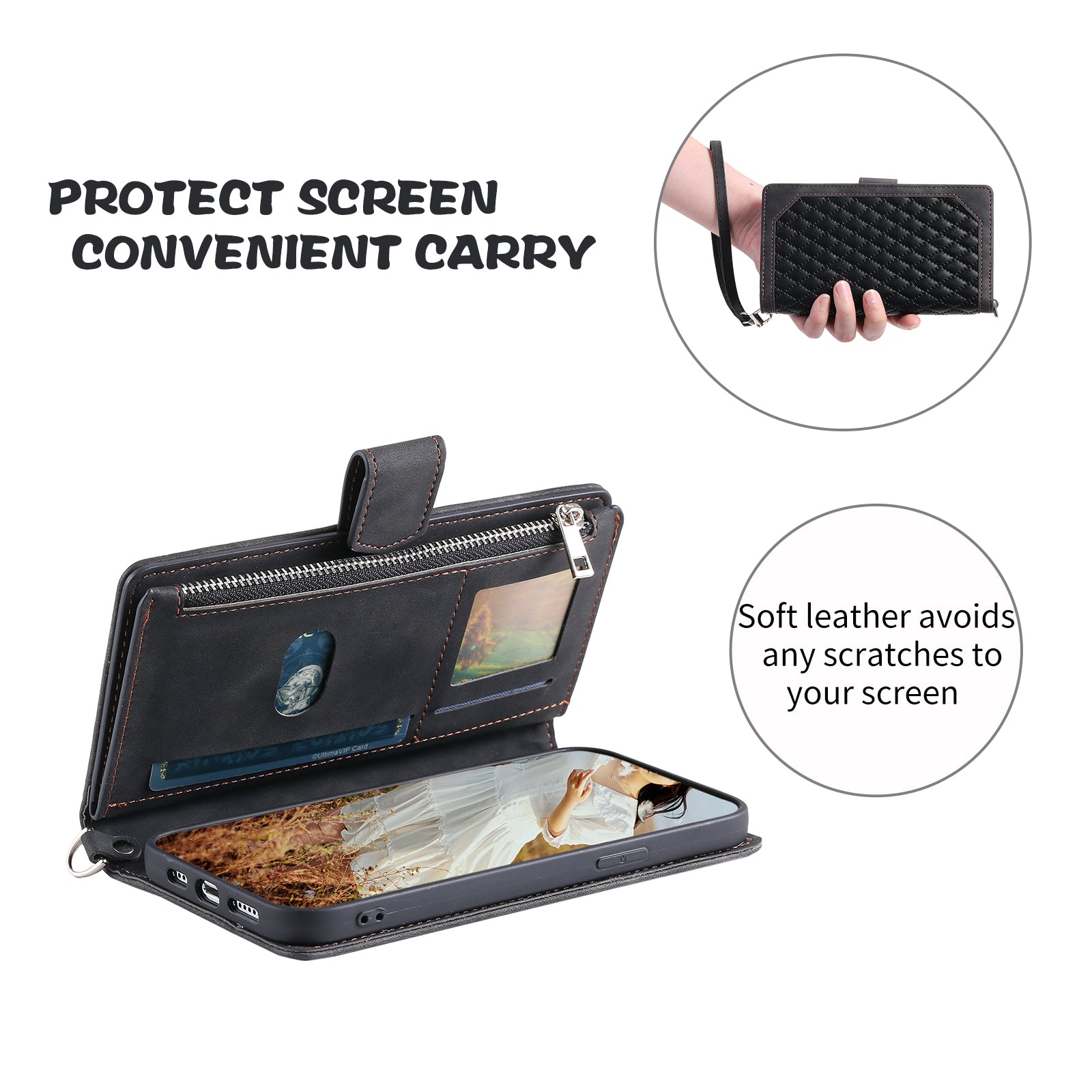 For Xiaomi Redmi Note 13 4G Wallet Case Leather Rhombus Texture Zipper Phone Cover with Wrist Strap