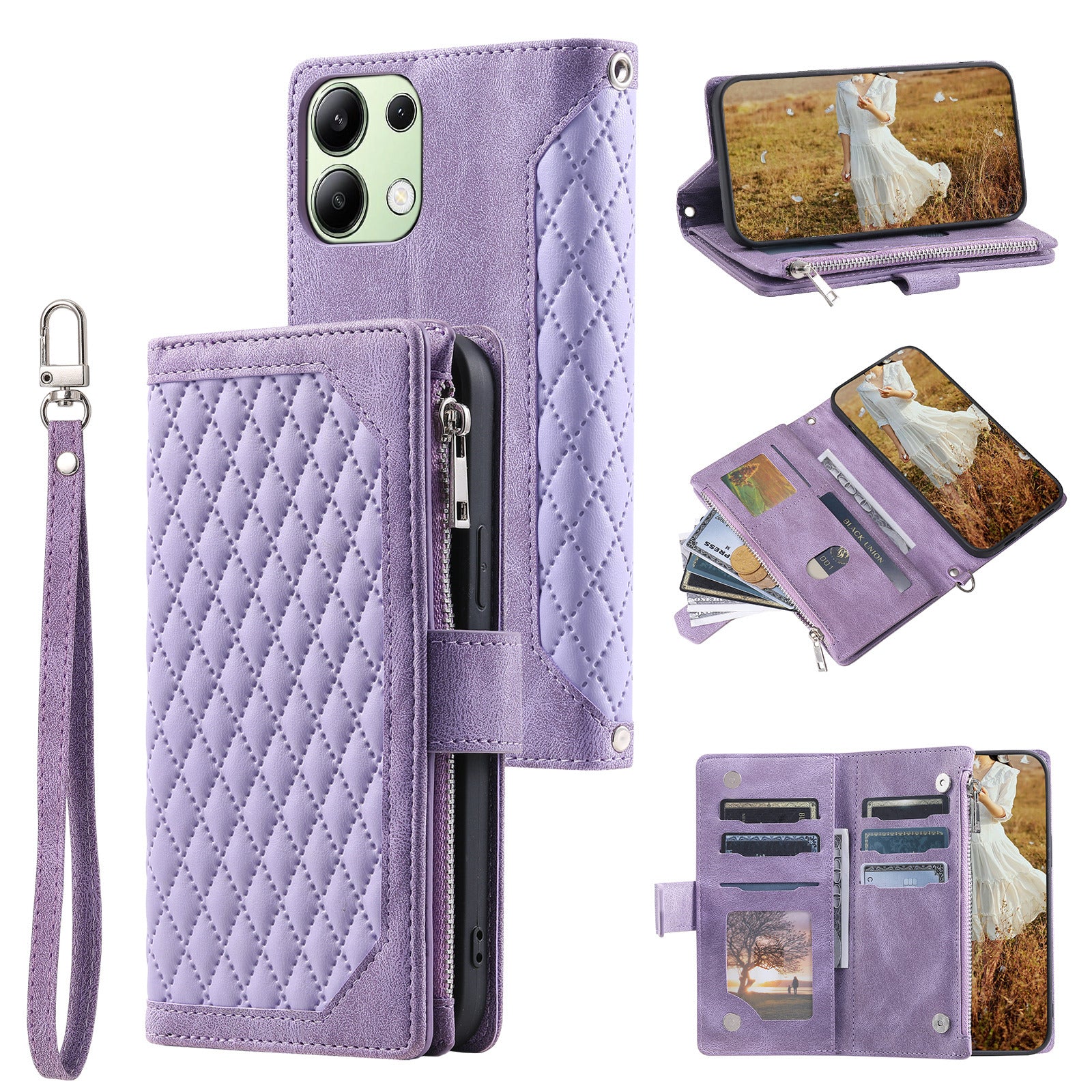 For Xiaomi Redmi Note 13 4G Wallet Case Leather Rhombus Texture Zipper Phone Cover with Wrist Strap
