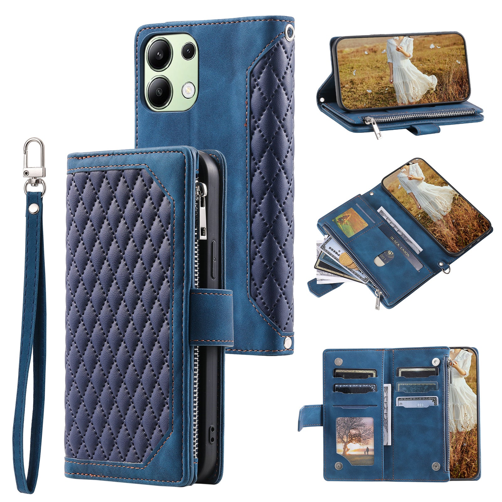 For Xiaomi Redmi Note 13 4G Wallet Case Leather Rhombus Texture Zipper Phone Cover with Wrist Strap