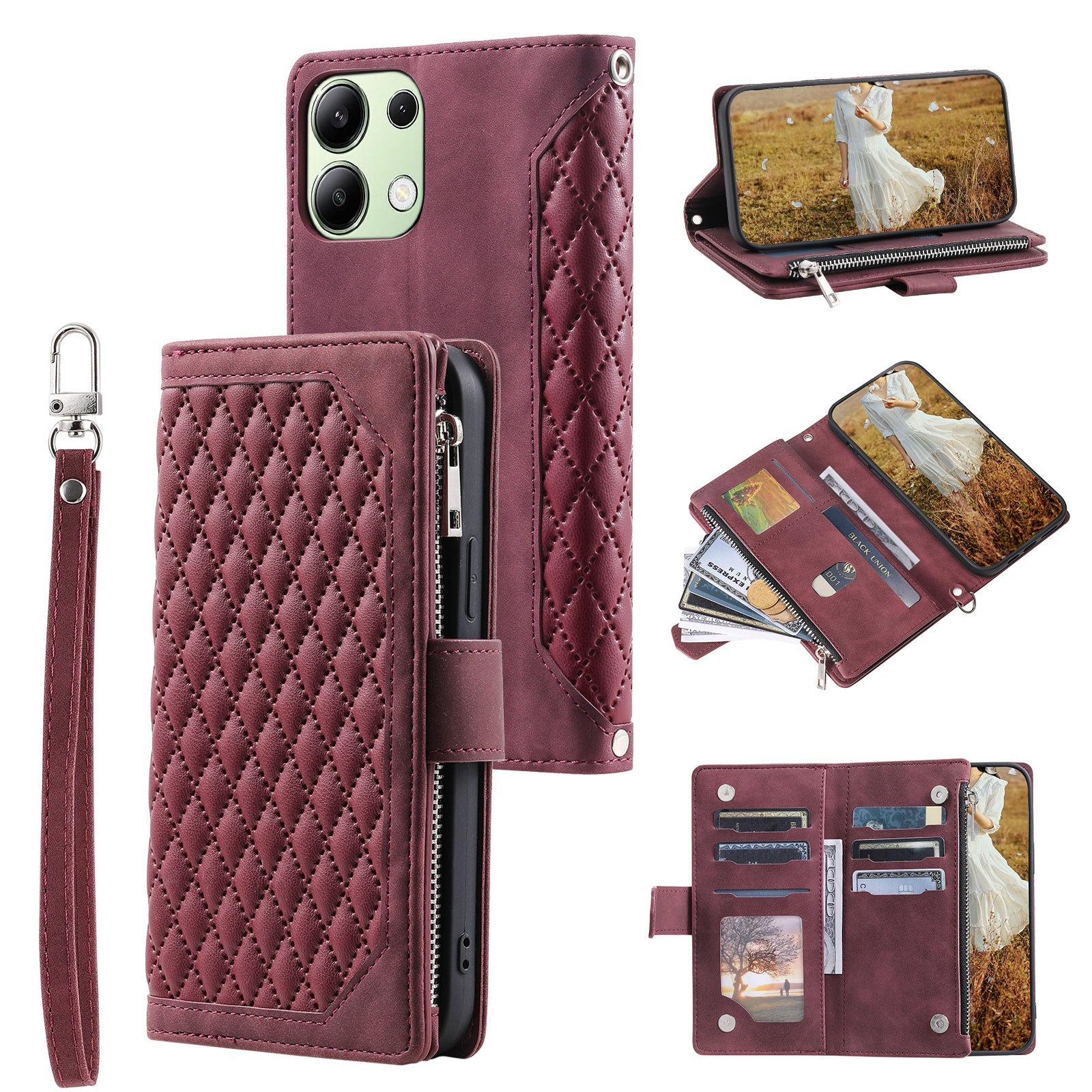 For Xiaomi Redmi Note 13 4G Wallet Case Leather Rhombus Texture Zipper Phone Cover with Wrist Strap