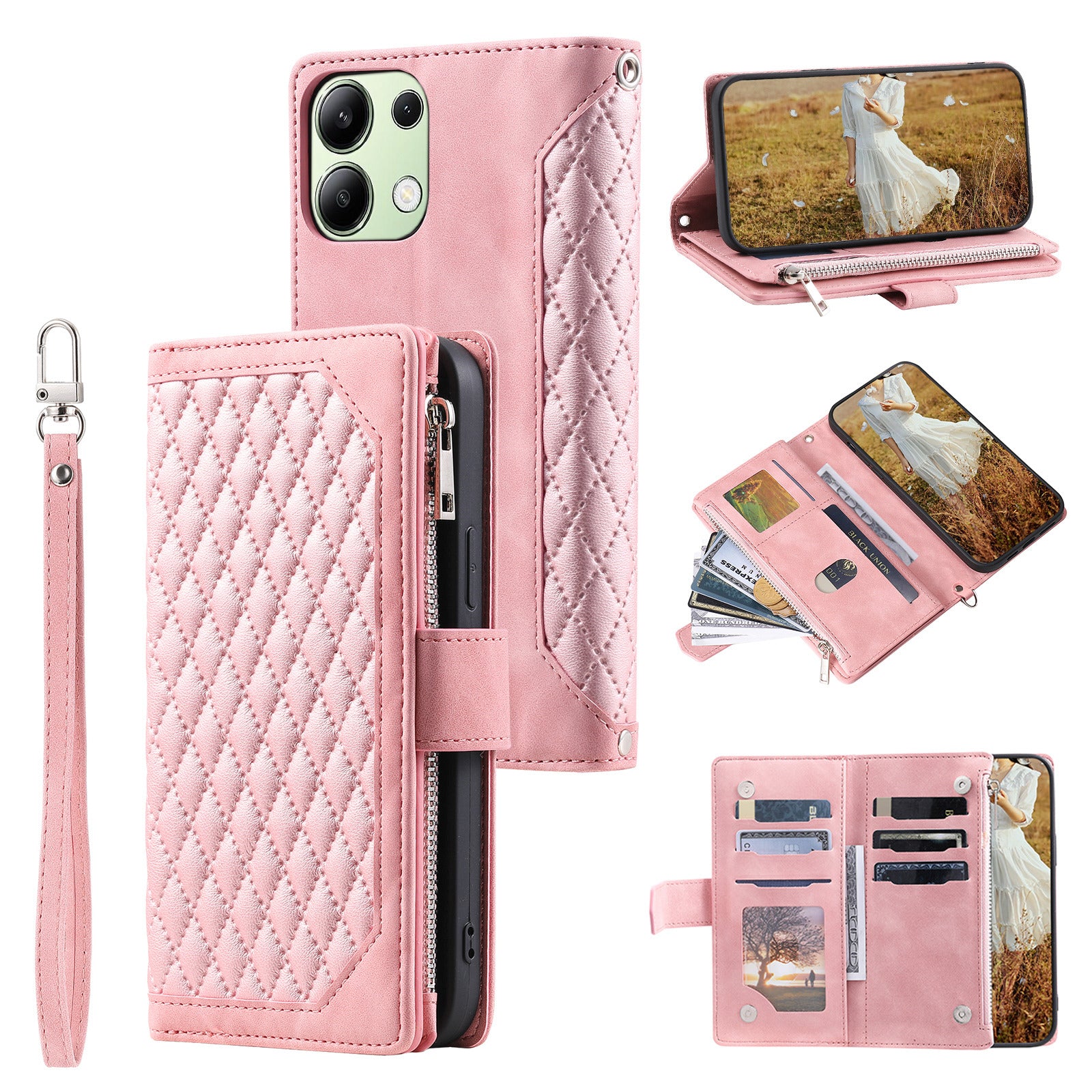 For Xiaomi Redmi Note 13 4G Wallet Case Leather Rhombus Texture Zipper Phone Cover with Wrist Strap