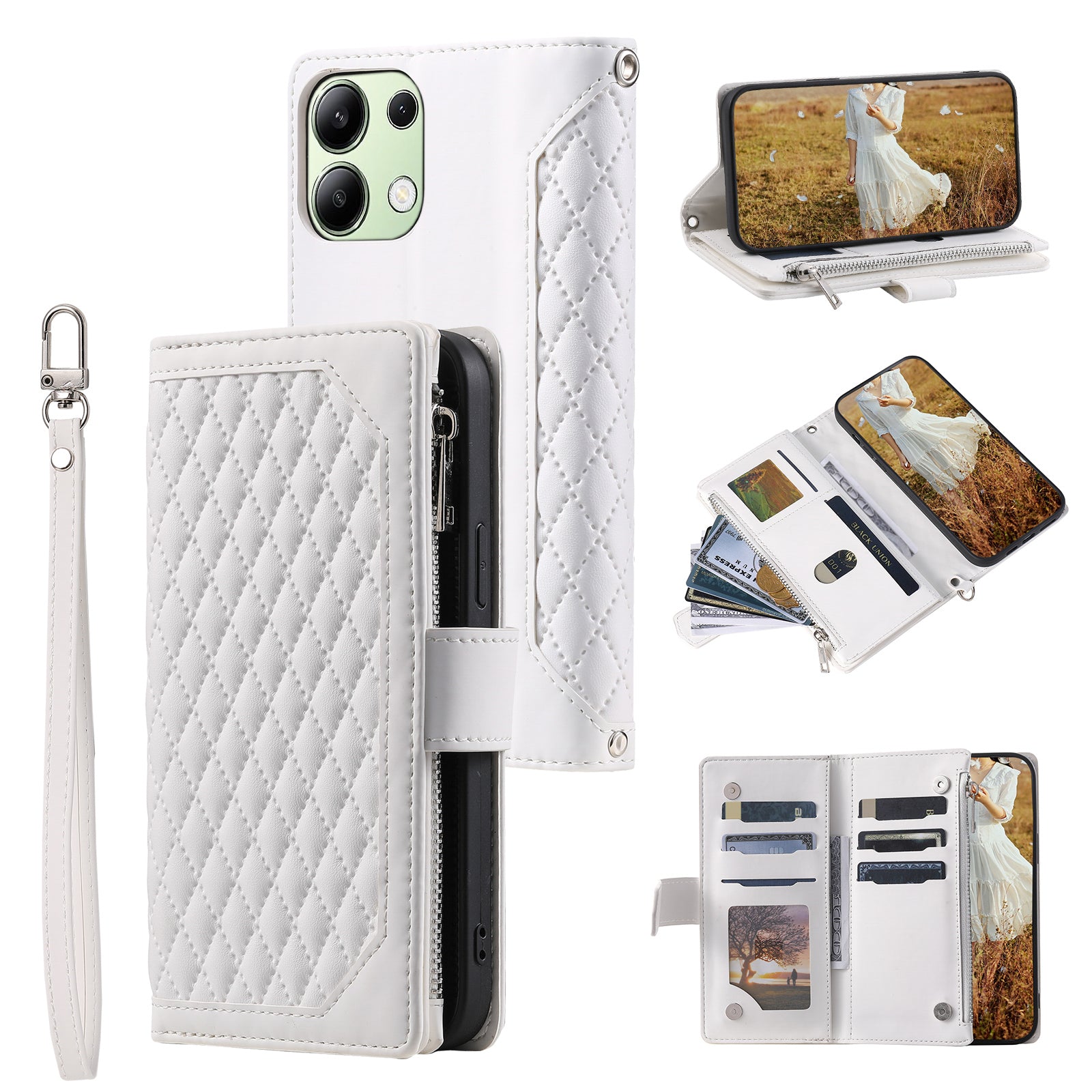 For Xiaomi Redmi Note 13 4G Wallet Case Leather Rhombus Texture Zipper Phone Cover with Wrist Strap