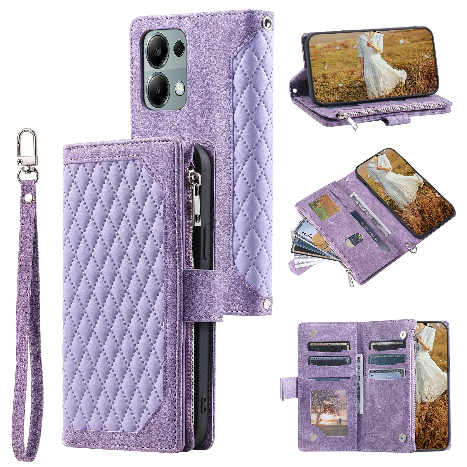 For Xiaomi Redmi Note 13 Pro 4G / Poco M6 Pro 4G Case Rhombus Leather Zipper Pocket Phone Cover