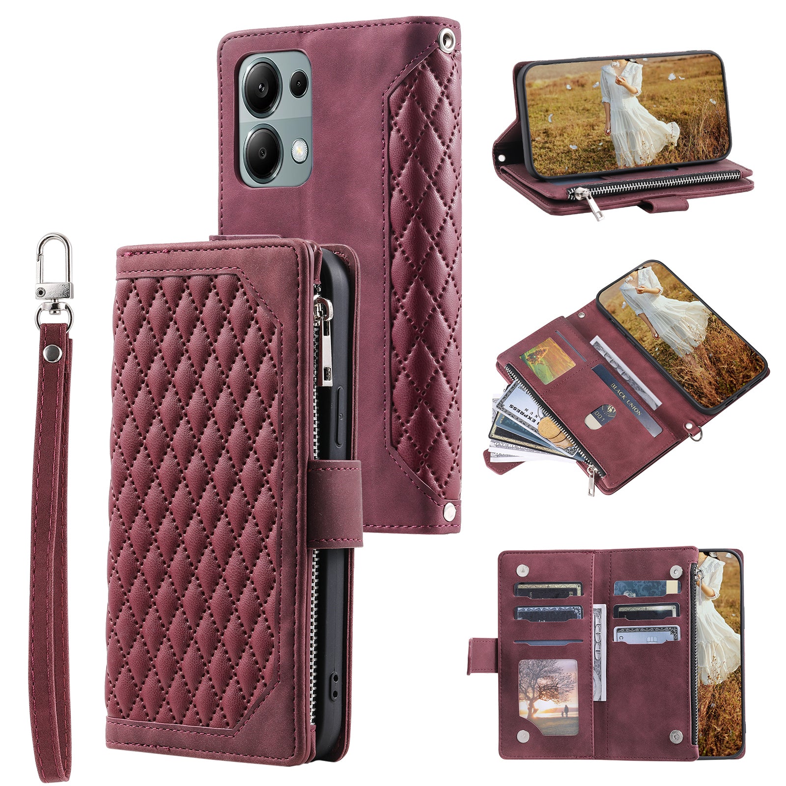 For Xiaomi Redmi Note 13 Pro 4G / Poco M6 Pro 4G Case Rhombus Leather Zipper Pocket Phone Cover