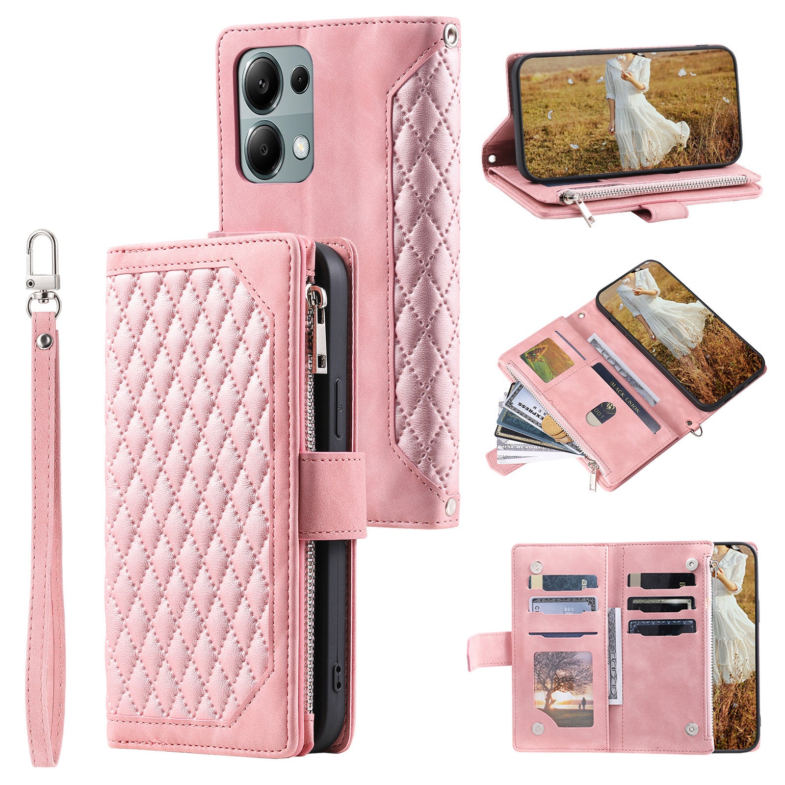 For Xiaomi Redmi Note 13 Pro 4G / Poco M6 Pro 4G Case Rhombus Leather Zipper Pocket Phone Cover