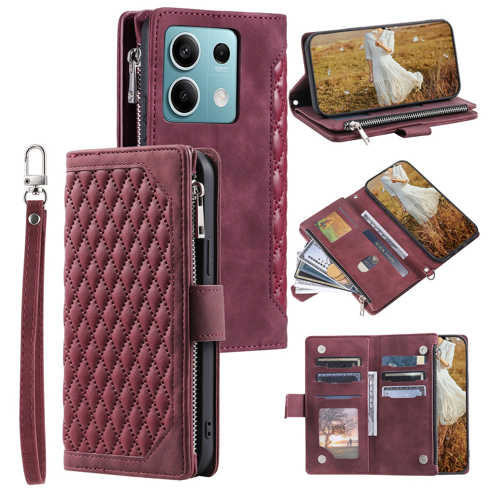 For Xiaomi Redmi Note 13 5G Zipper Pocket Phone Case PU Leather Wallet Phone Cover