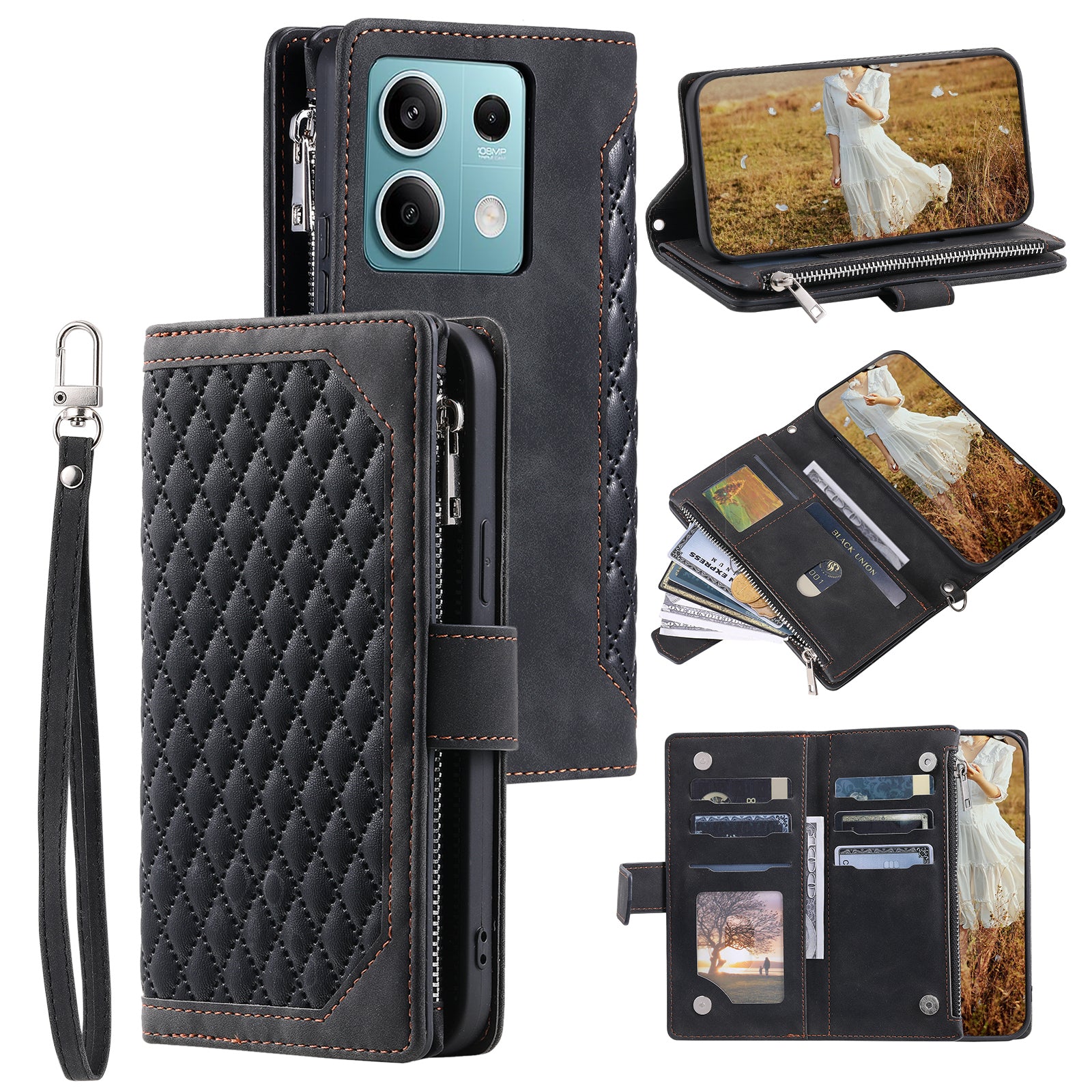 For Xiaomi Redmi Note 13 5G Zipper Pocket Phone Case PU Leather Wallet Phone Cover