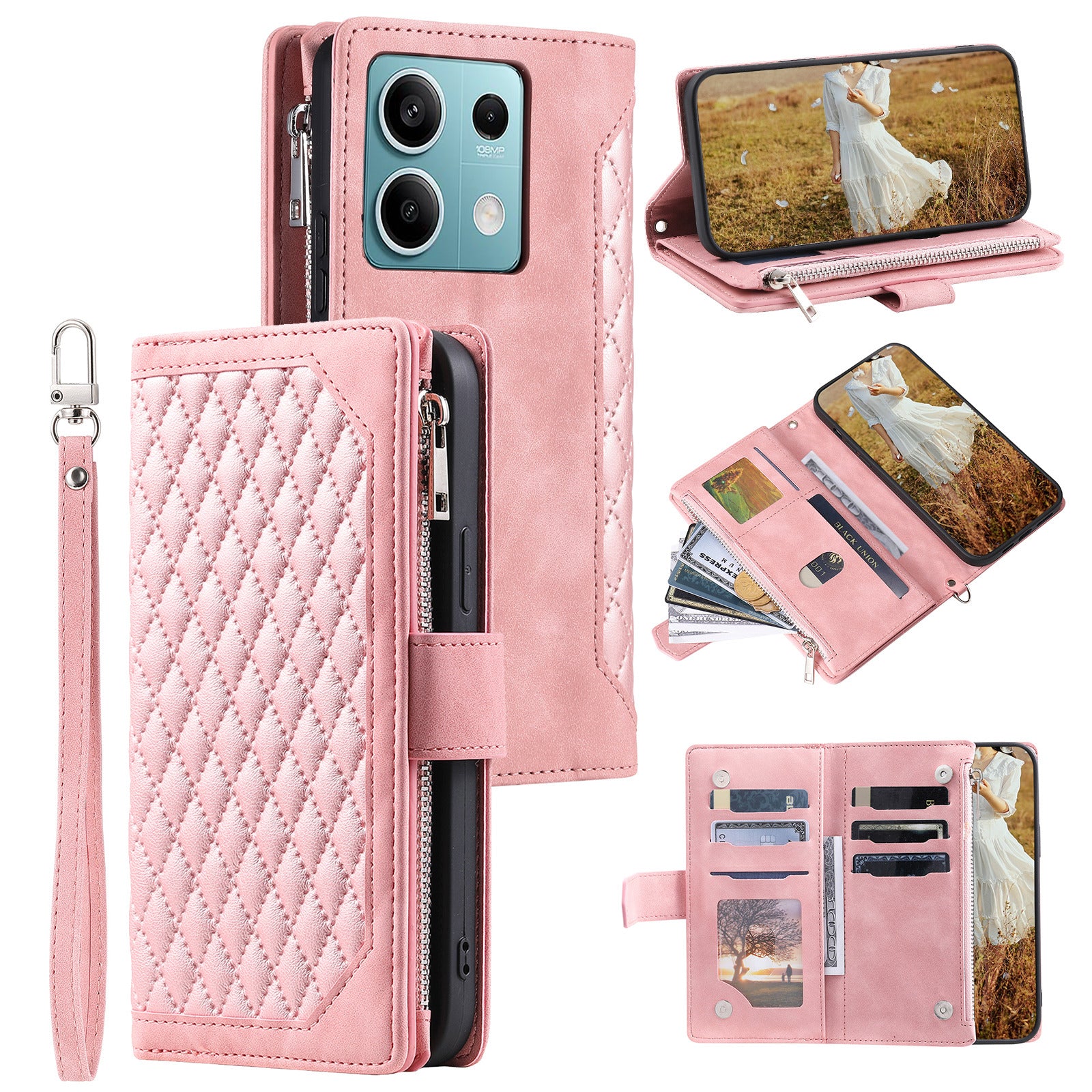 For Xiaomi Redmi Note 13 5G Zipper Pocket Phone Case PU Leather Wallet Phone Cover