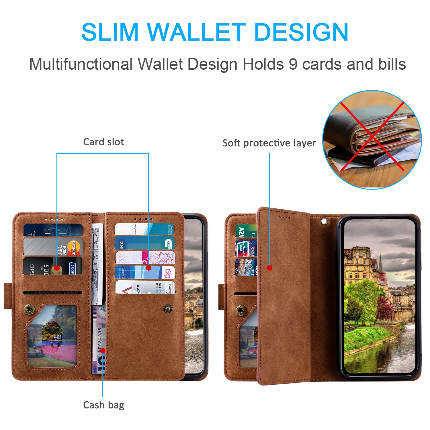 For Xiaomi Redmi Note 13 5G Cover 9 Retro Card Slots Wallet PU Leather Stand Phone Case