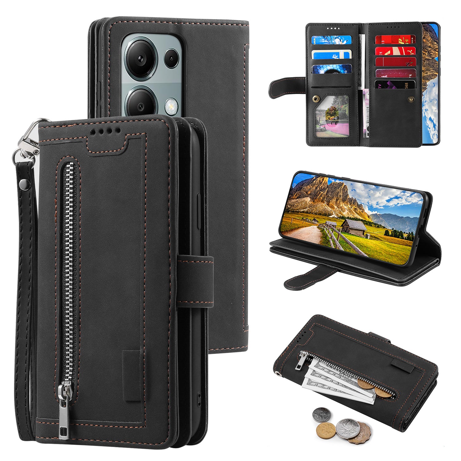 For Xiaomi Redmi Note 13 Pro 4G / Poco M6 Pro 4G Cover 9 Card Slots Wallet PU Leather Foldable Stand Phone Case