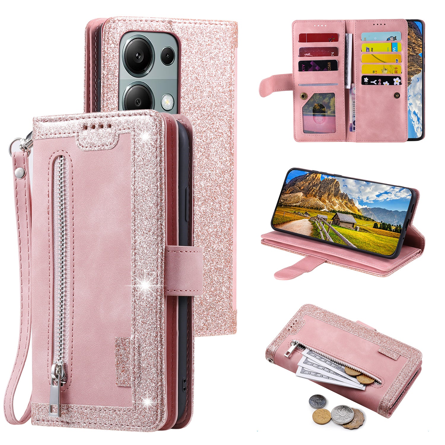 For Xiaomi Redmi Note 13 Pro 4G / Poco M6 Pro 4G Cover 9 Card Slots Wallet PU Leather Foldable Stand Phone Case