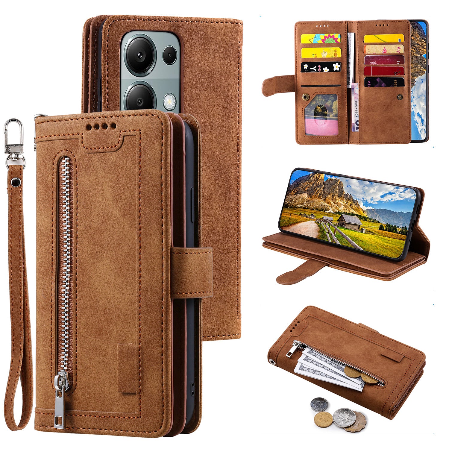 For Xiaomi Redmi Note 13 Pro 4G / Poco M6 Pro 4G Cover 9 Card Slots Wallet PU Leather Foldable Stand Phone Case