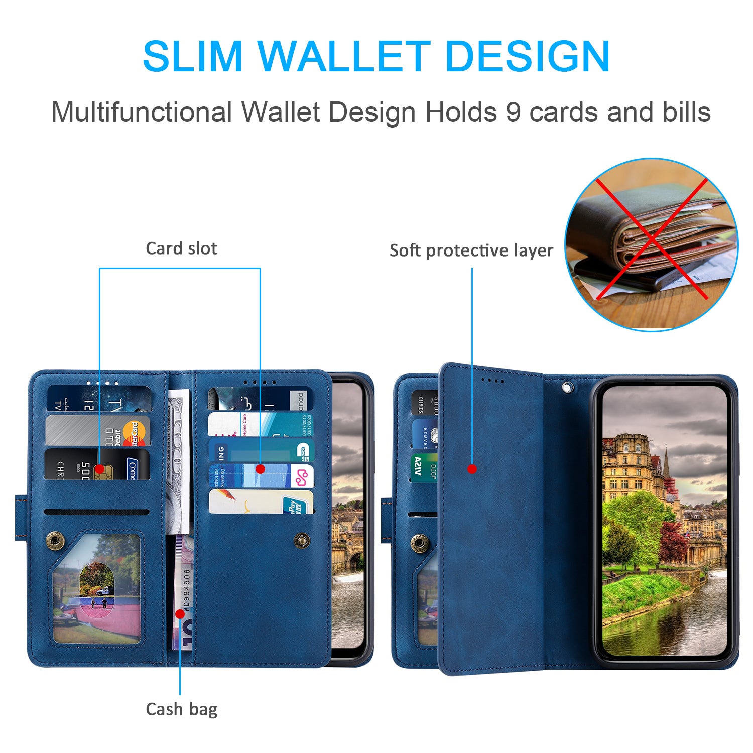 For Xiaomi Redmi Note 13 4G Case Leather Zipper Pocket Phone Cover with 9 Card Slots