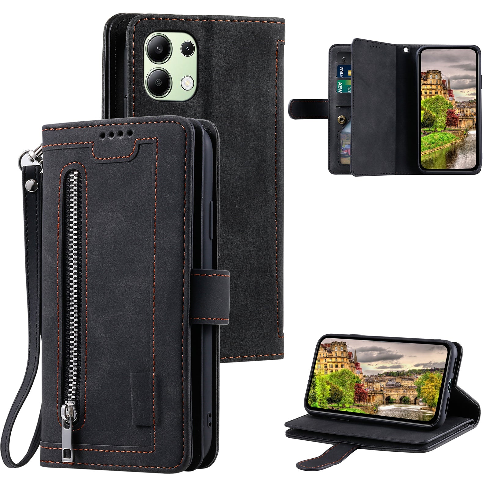 For Xiaomi Redmi Note 13 4G Case Leather Zipper Pocket Phone Cover with 9 Card Slots