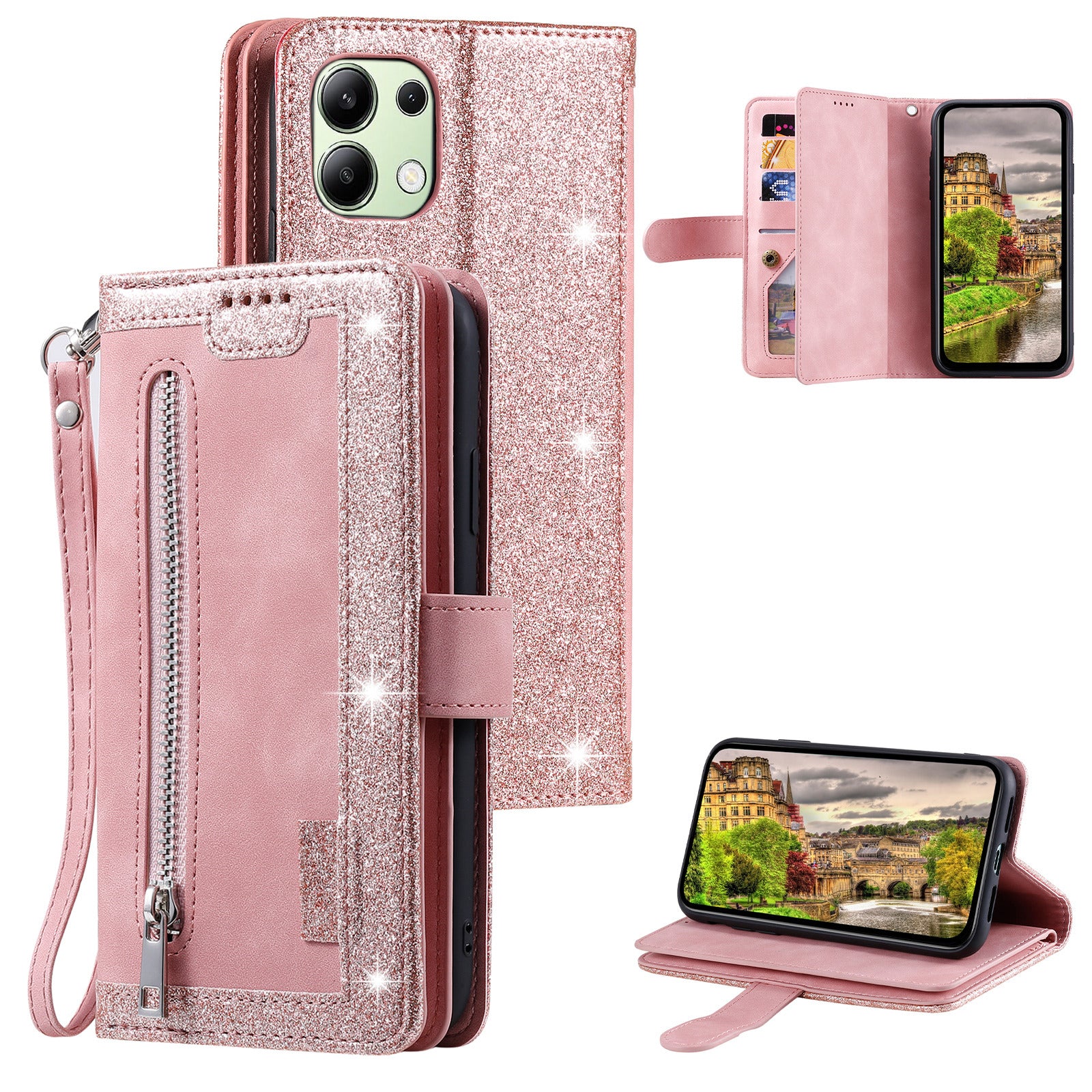 For Xiaomi Redmi Note 13 4G Case Leather Zipper Pocket Phone Cover with 9 Card Slots