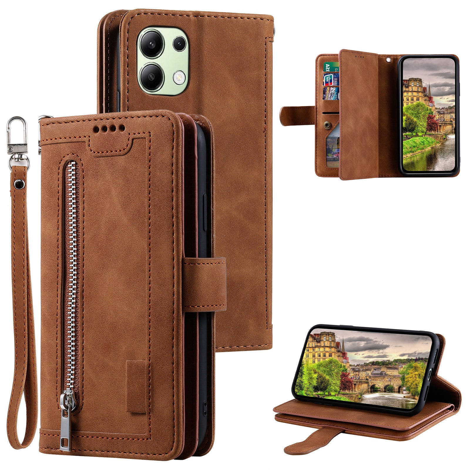 For Xiaomi Redmi Note 13 4G Case Leather Zipper Pocket Phone Cover with 9 Card Slots