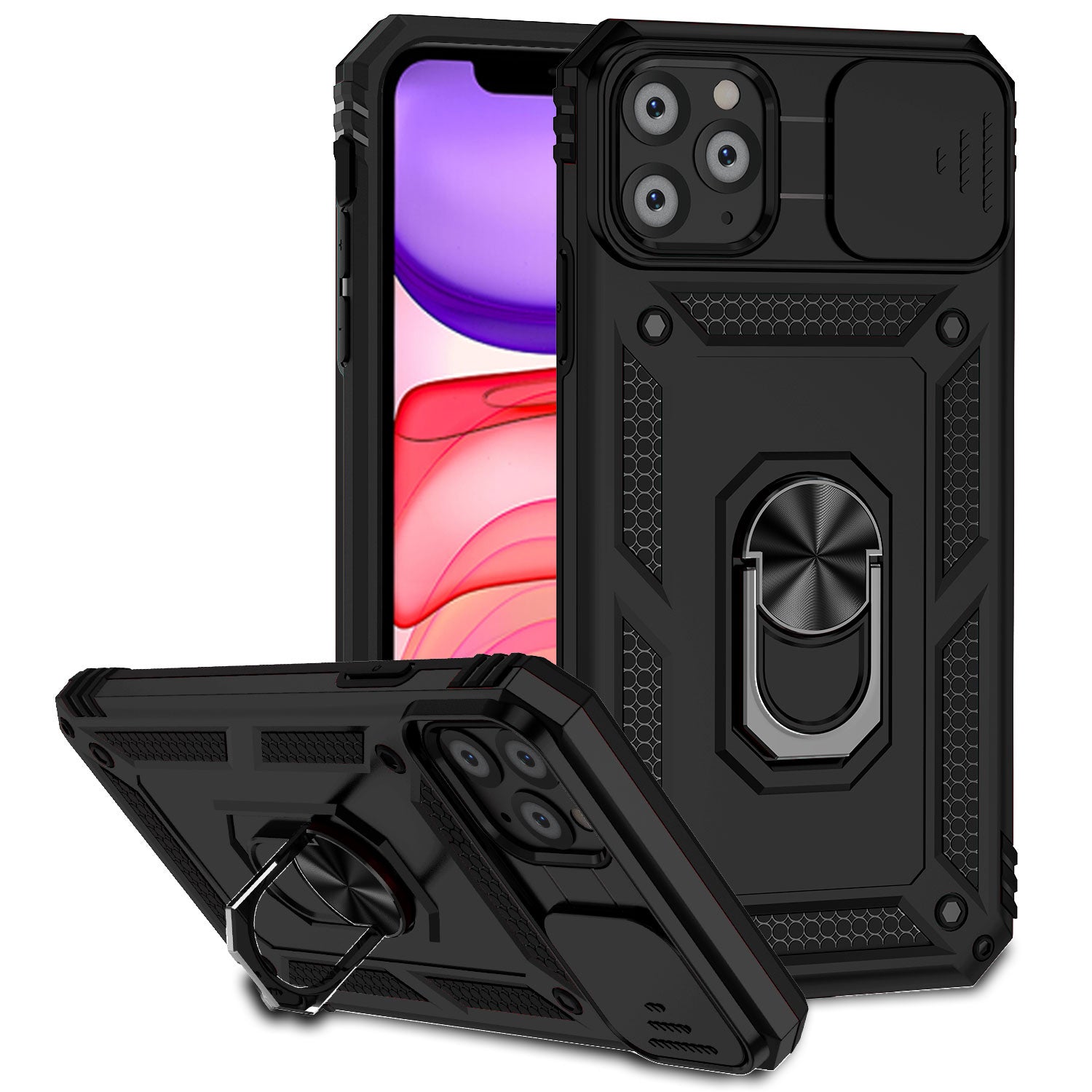For iPhone 11 Pro Case Kickstand PC+TPU Hybrid Phone Shell with Camera Slide Cover
