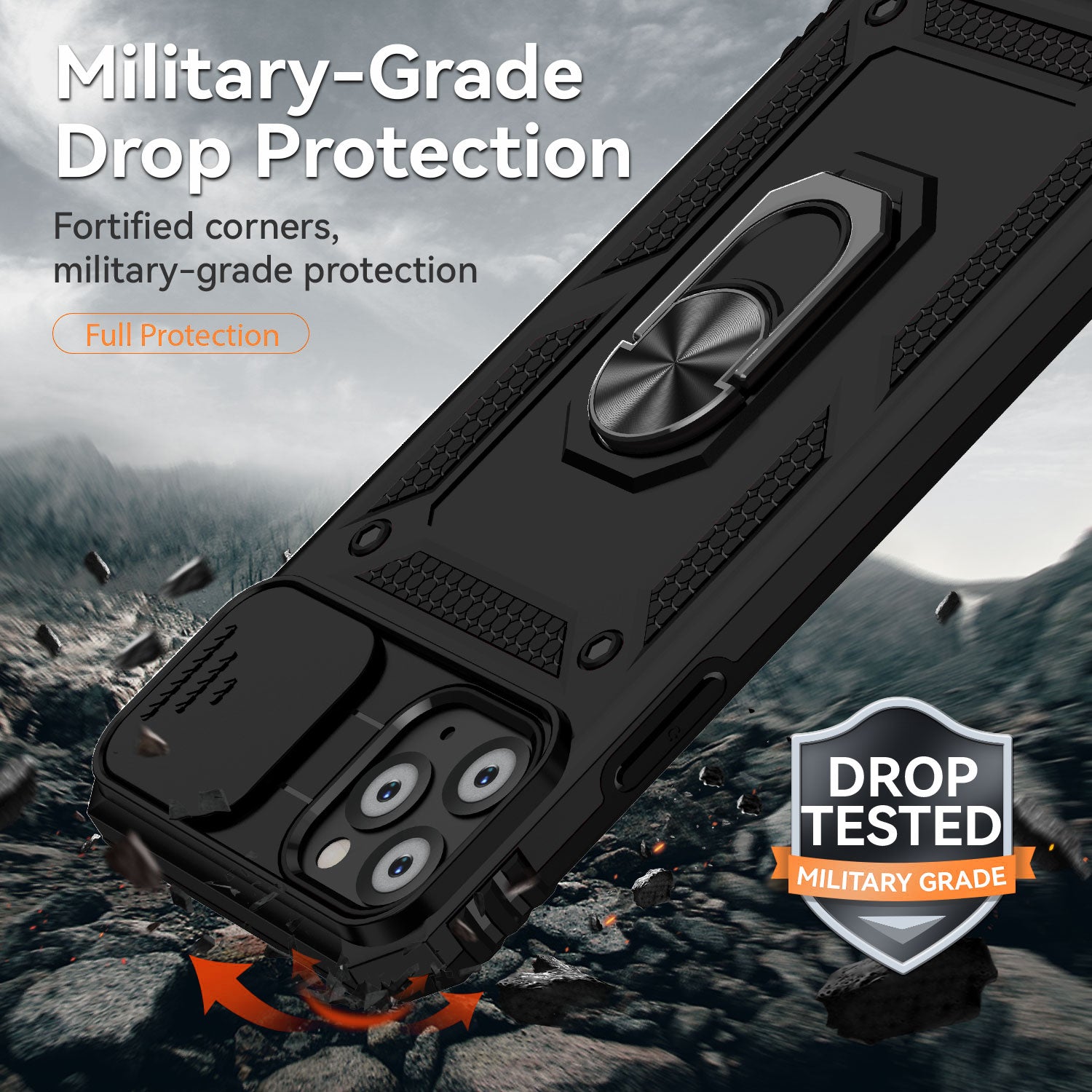 For iPhone 11 Pro Case Kickstand PC+TPU Hybrid Phone Shell with Camera Slide Cover