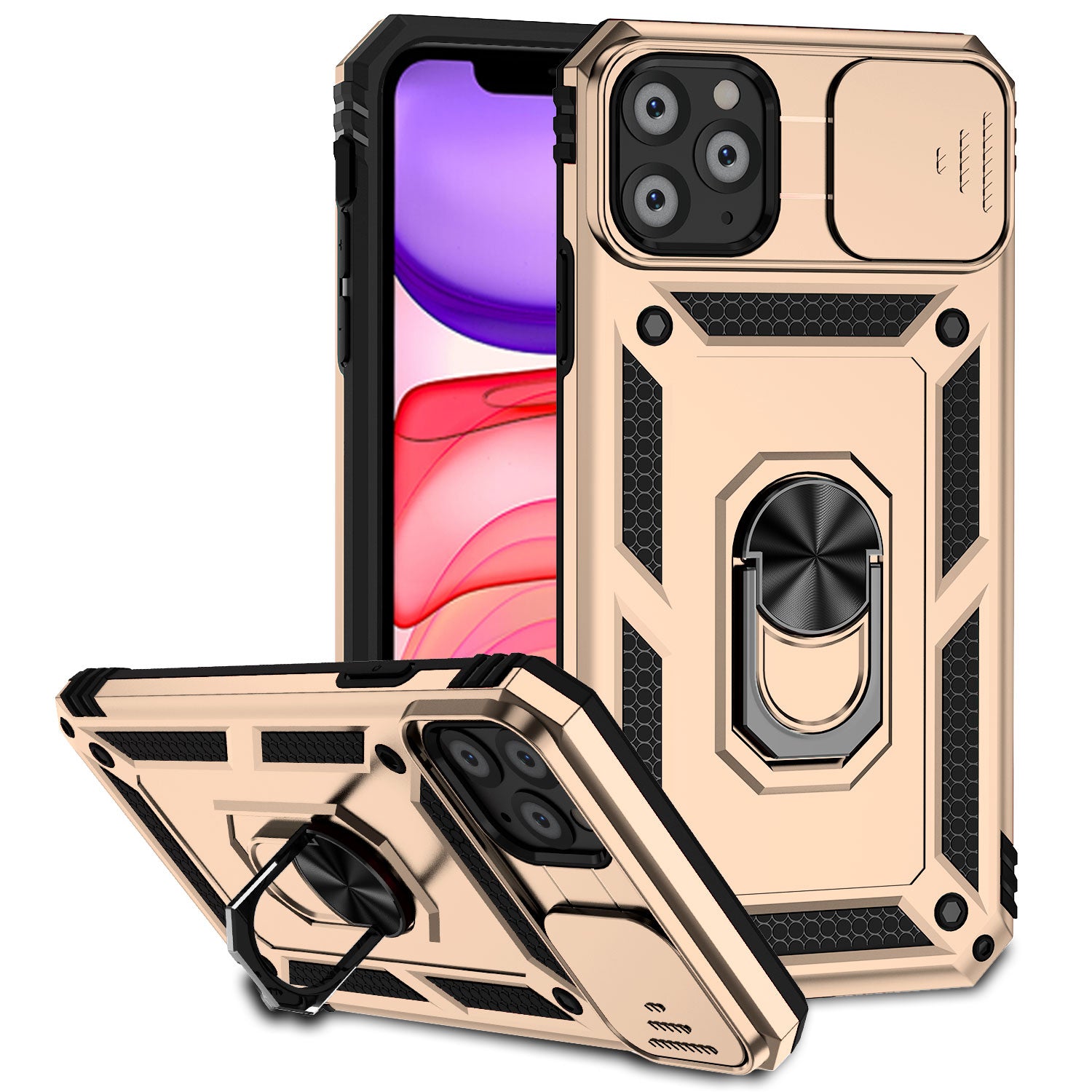 For iPhone 11 Pro Case Kickstand PC+TPU Hybrid Phone Shell with Camera Slide Cover