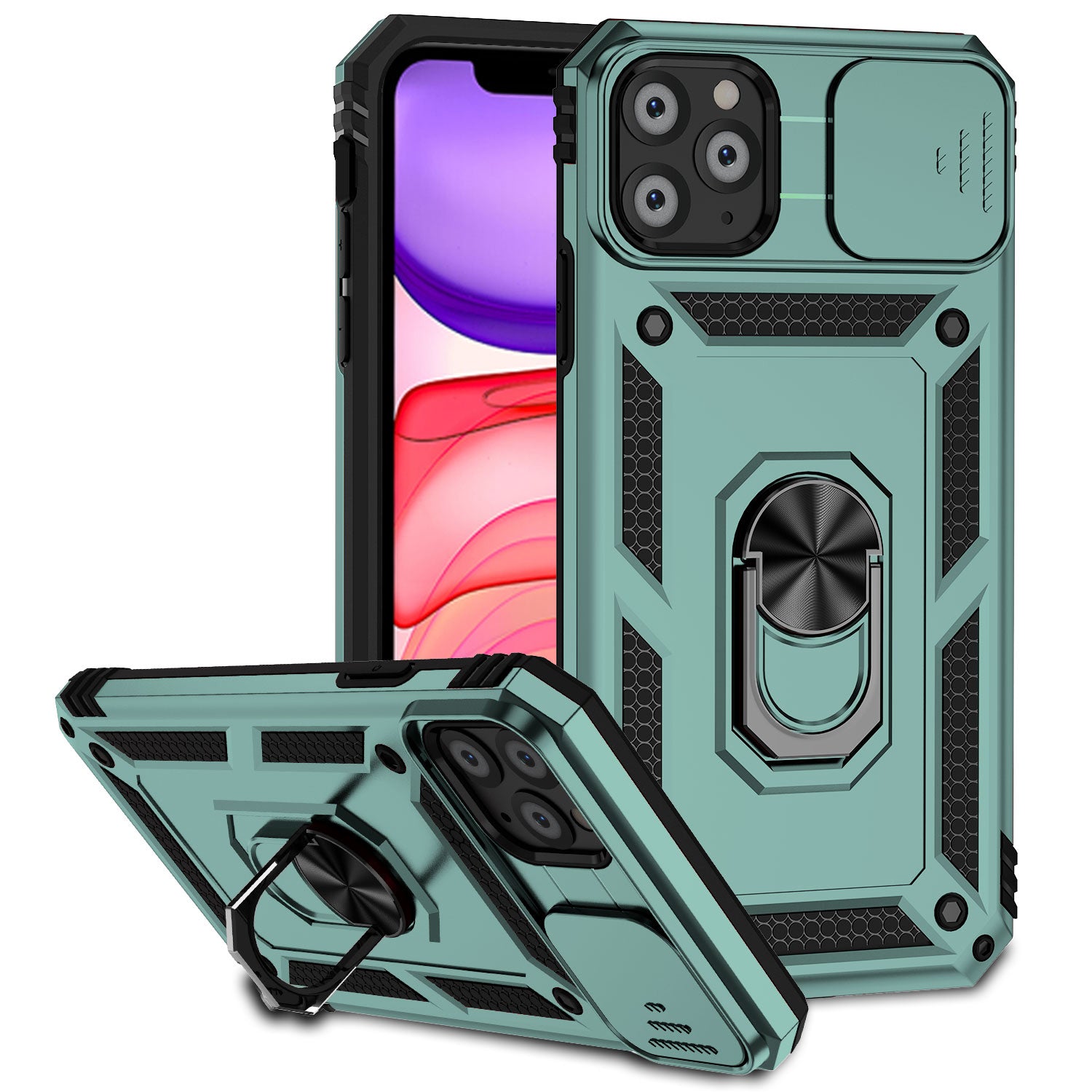 For iPhone 11 Pro Case Kickstand PC+TPU Hybrid Phone Shell with Camera Slide Cover