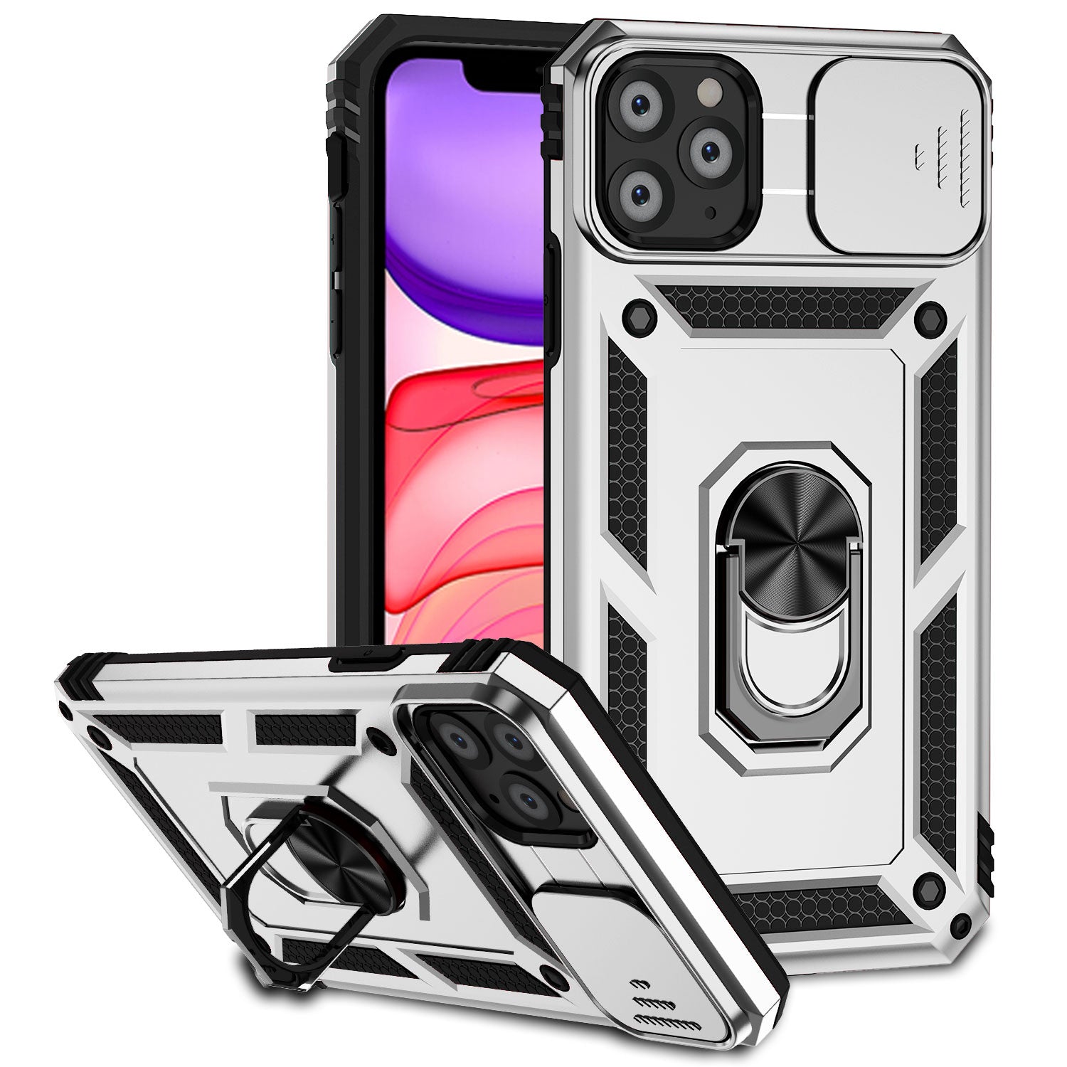 For iPhone 11 Pro Case Kickstand PC+TPU Hybrid Phone Shell with Camera Slide Cover