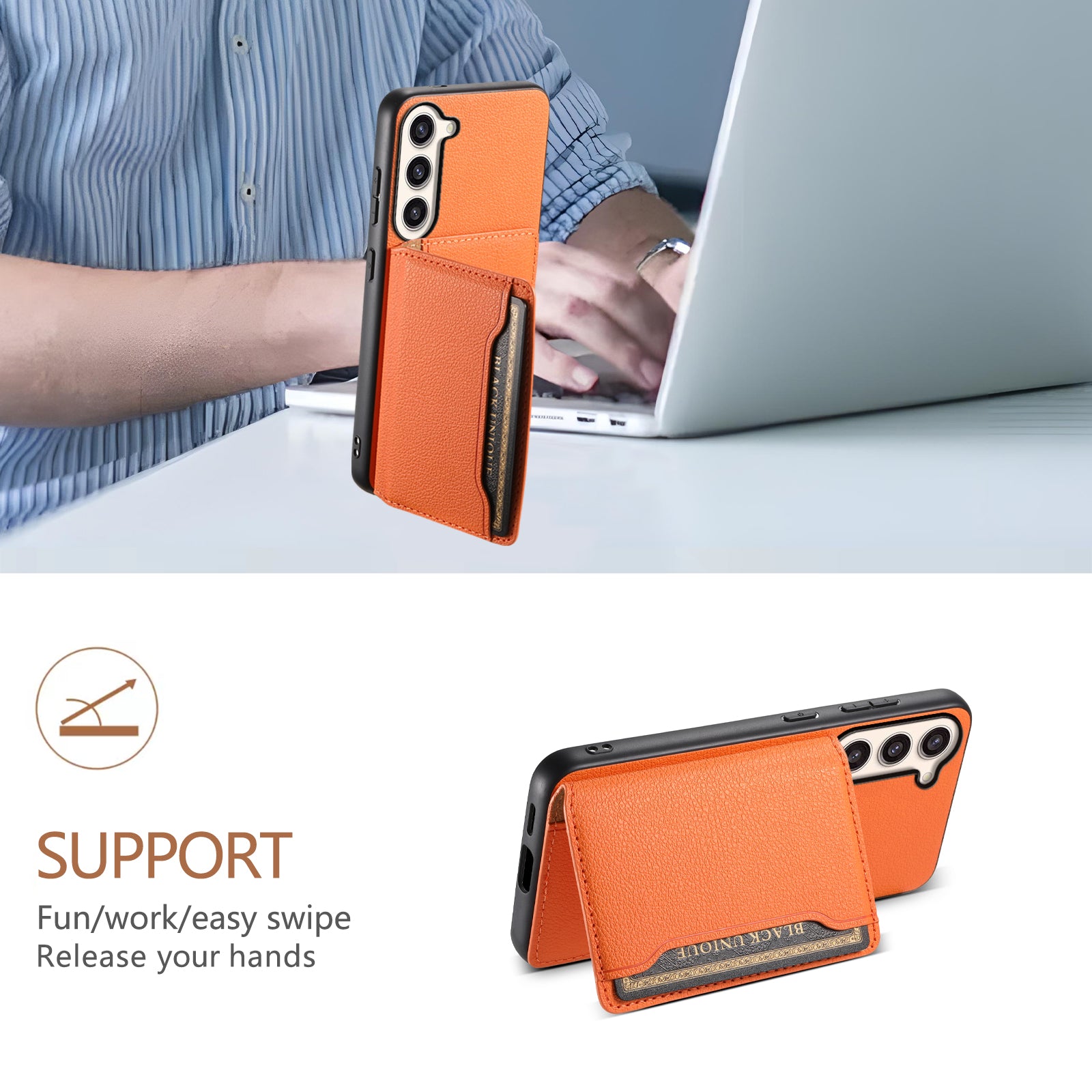 For Samsung Galaxy S23+ Case Card Slots Kickstand Leather Coated TPU+PC Phone Cover