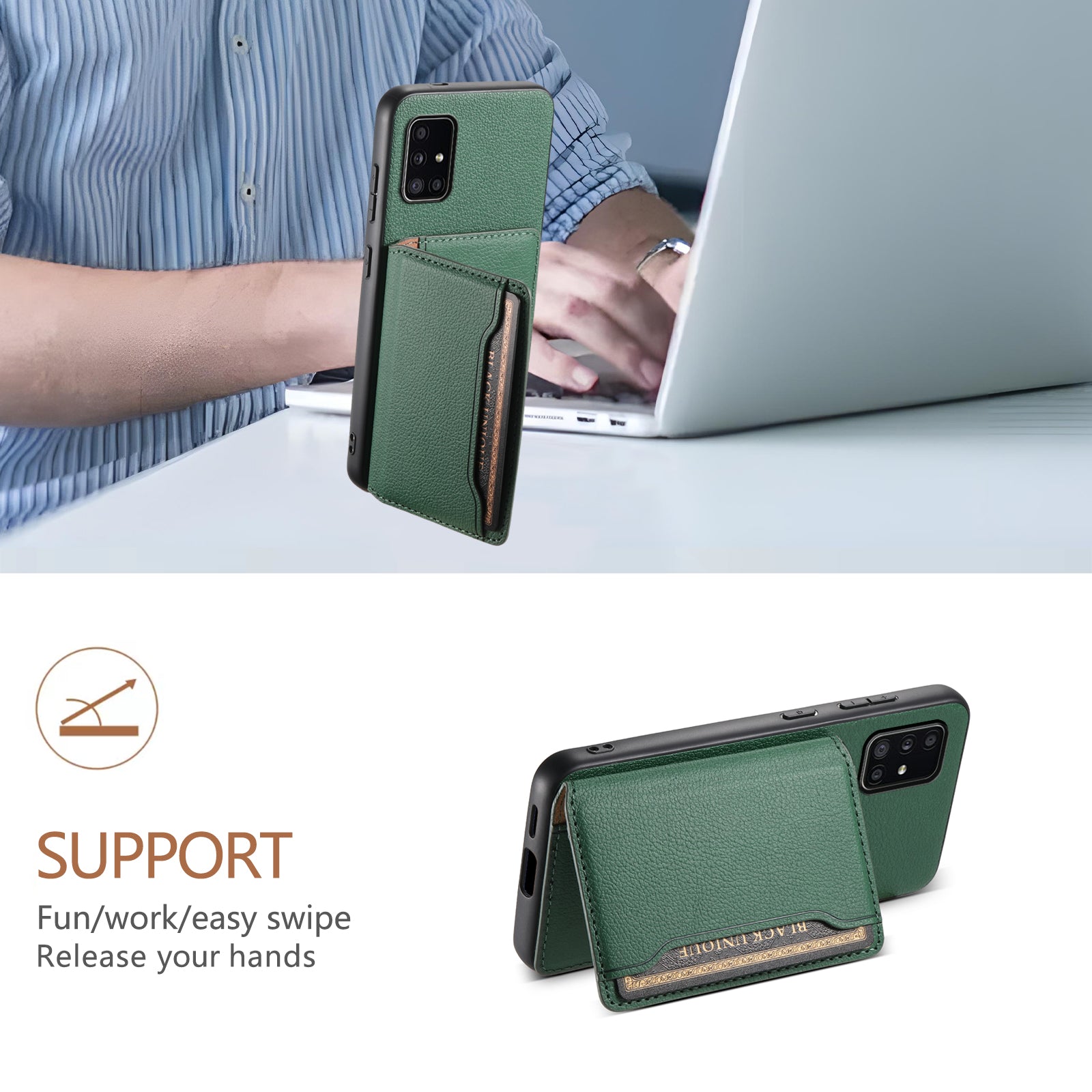 For Samsung Galaxy A51 4G SM-A515 Case Card Holder Leather+PC+TPU Phone Kickstand Cover