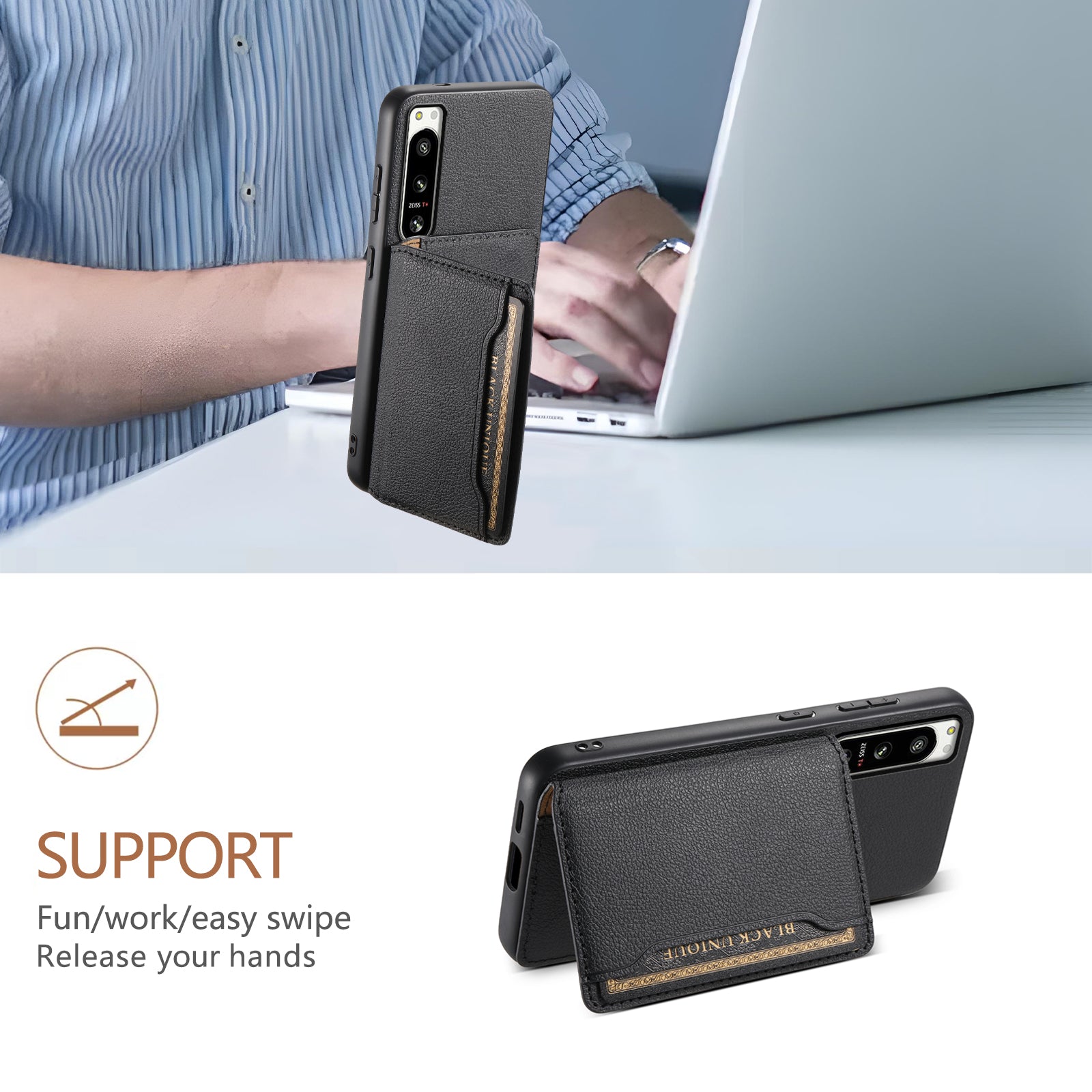 For Sony Xperia 5 IV 5G Case Drop-proof Calf Texture Card Holder Back Cover