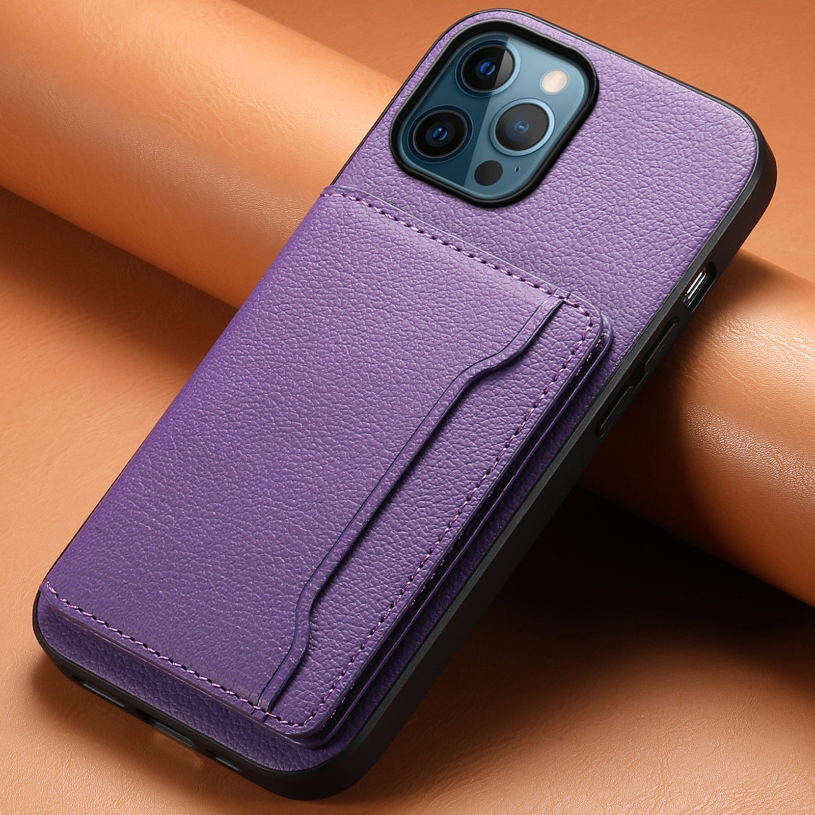 For iPhone 12 Pro Max Kickstand Case Anti-Drop Calf Texture PU+ PC+TPU Phone Cover