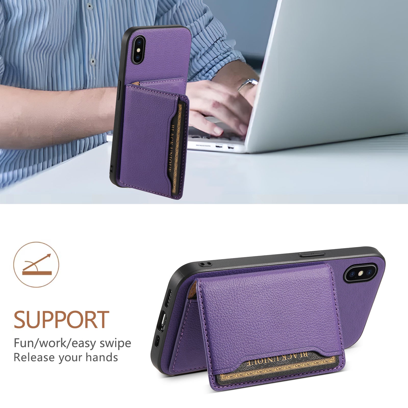 For iPhone X / XS Case Card Slot Calf Texture PU+ PC+TPU Phone Cover with Kickstand