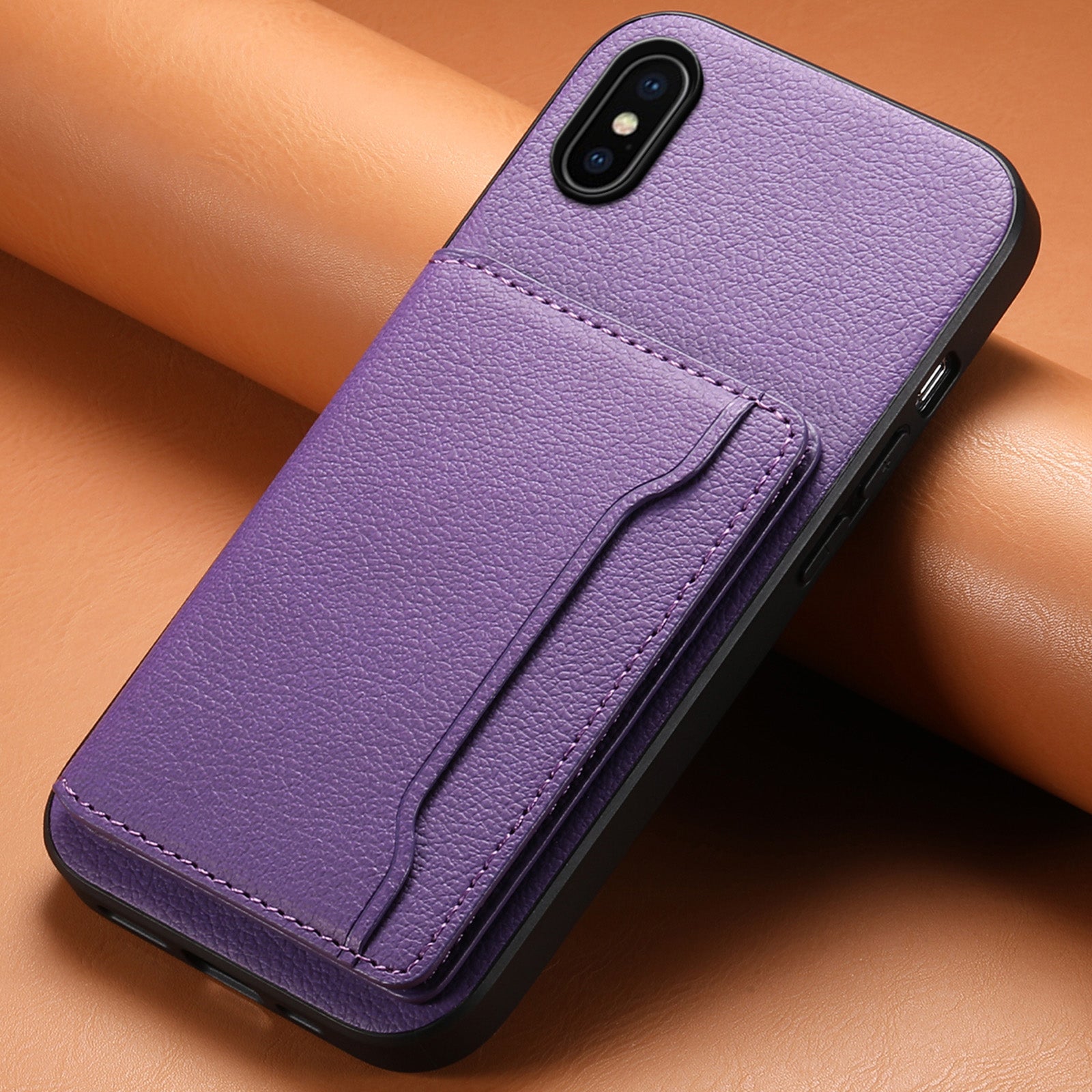 For iPhone X / XS Case Card Slot Calf Texture PU+ PC+TPU Phone Cover with Kickstand
