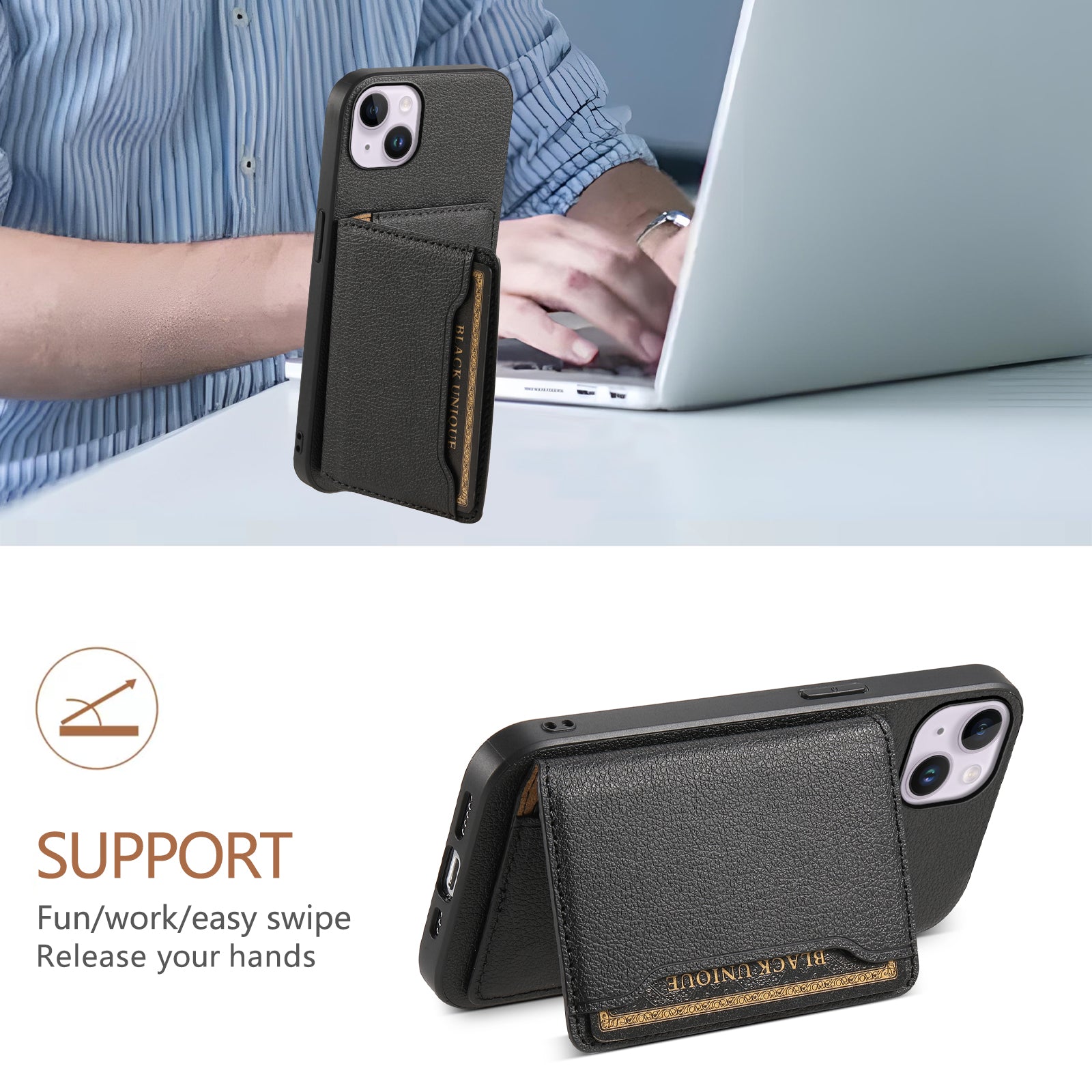 For iPhone 14 Plus Card Slot Case Calf Texture PU Hybrid Kickstand Phone Cover