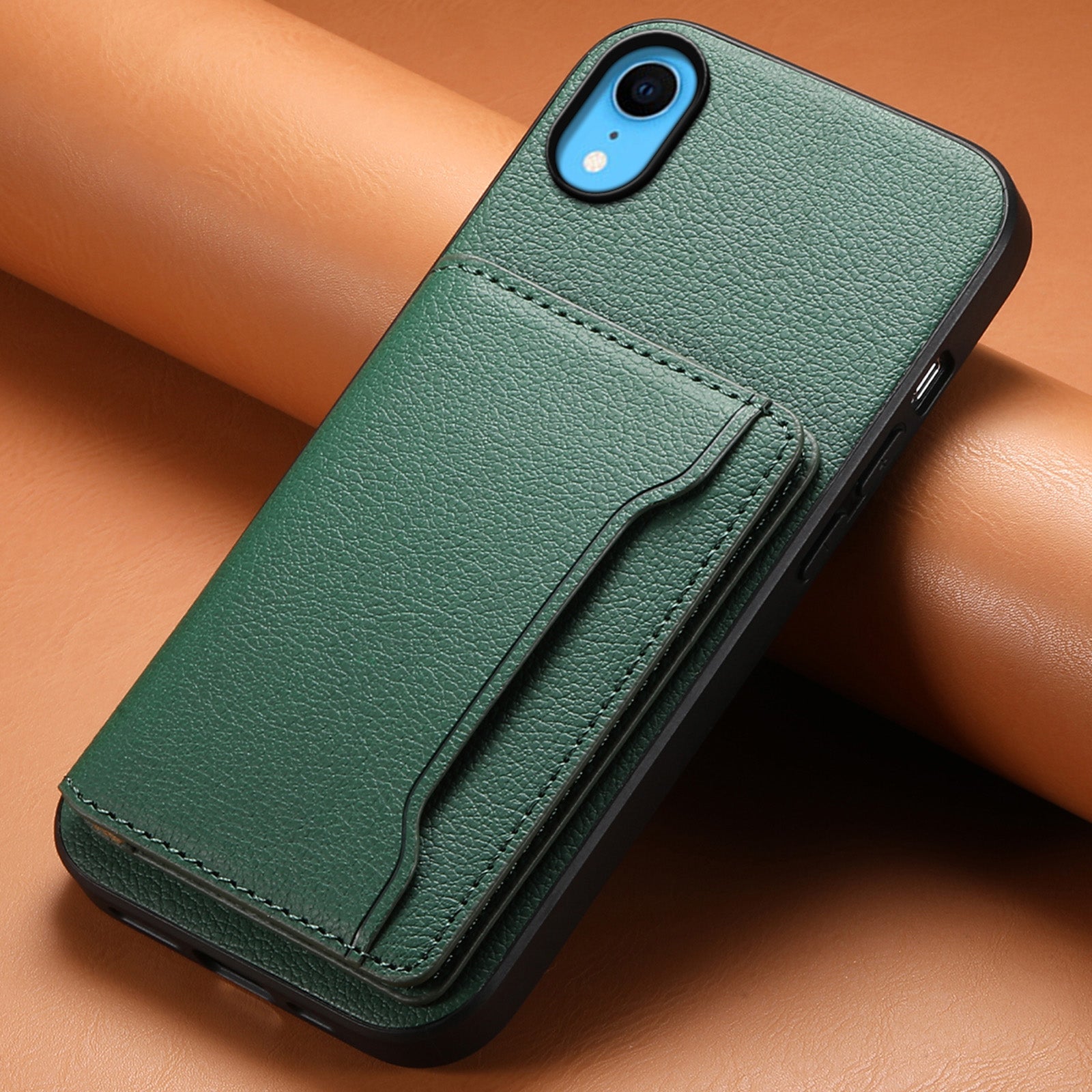 For iPhone XR Case Kickstand Calf Texture PU Leather Coating Phone Cover