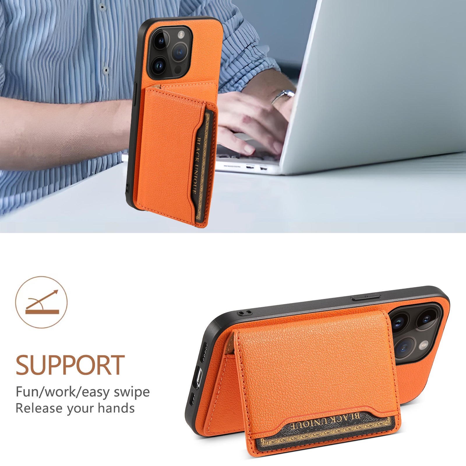 For iPhone 14 Pro Kickstand Case Card Slot Calf Texture PU+ PC+TPU Phone Case