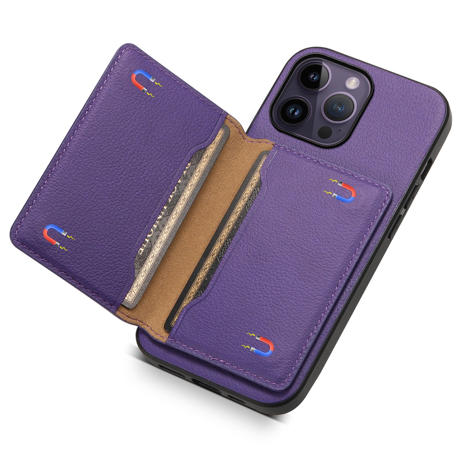 For iPhone 14 Pro Max Case Calf Texture PU Leather Kickstand Shockproof Back Cover