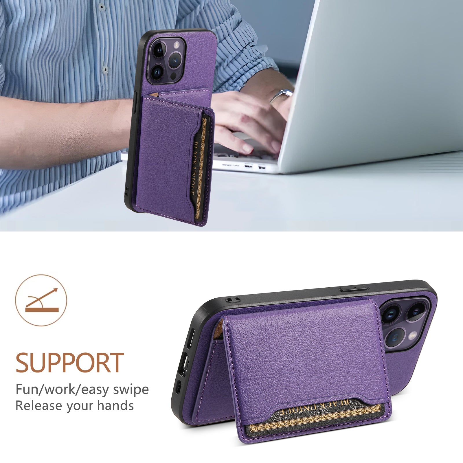 For iPhone 14 Pro Max Case Calf Texture PU Leather Kickstand Shockproof Back Cover