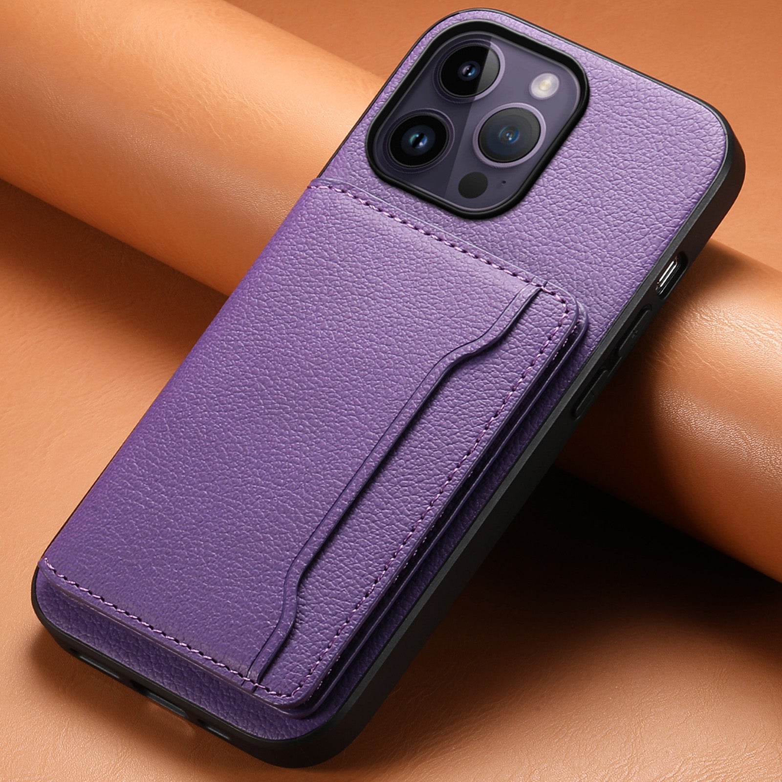 For iPhone 14 Pro Max Case Calf Texture PU Leather Kickstand Shockproof Back Cover