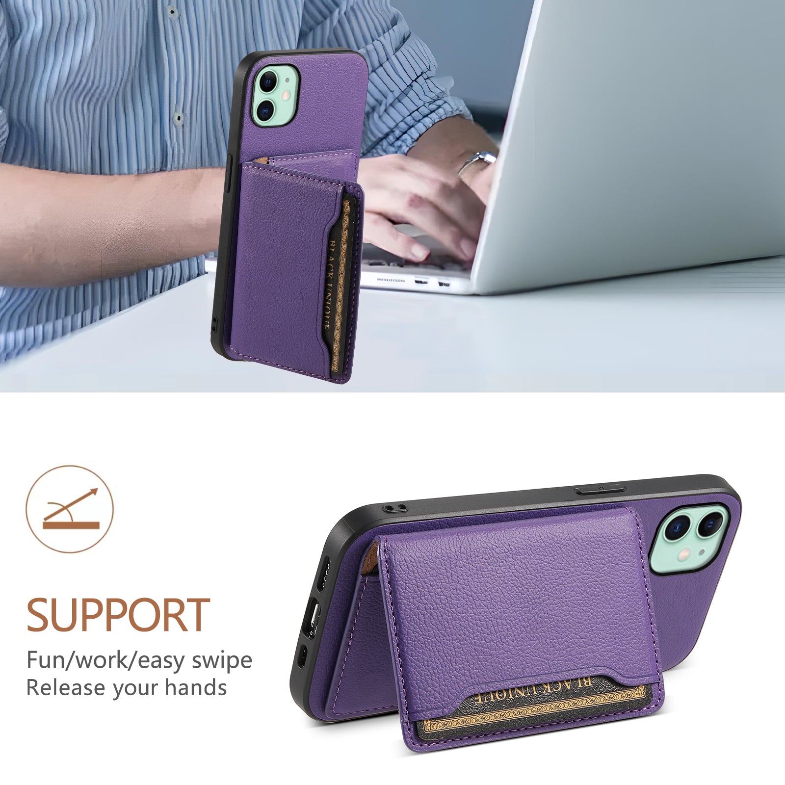 For iPhone 11 Case Leather+PC+TPU Kickstand Phone Shell with Card Holder