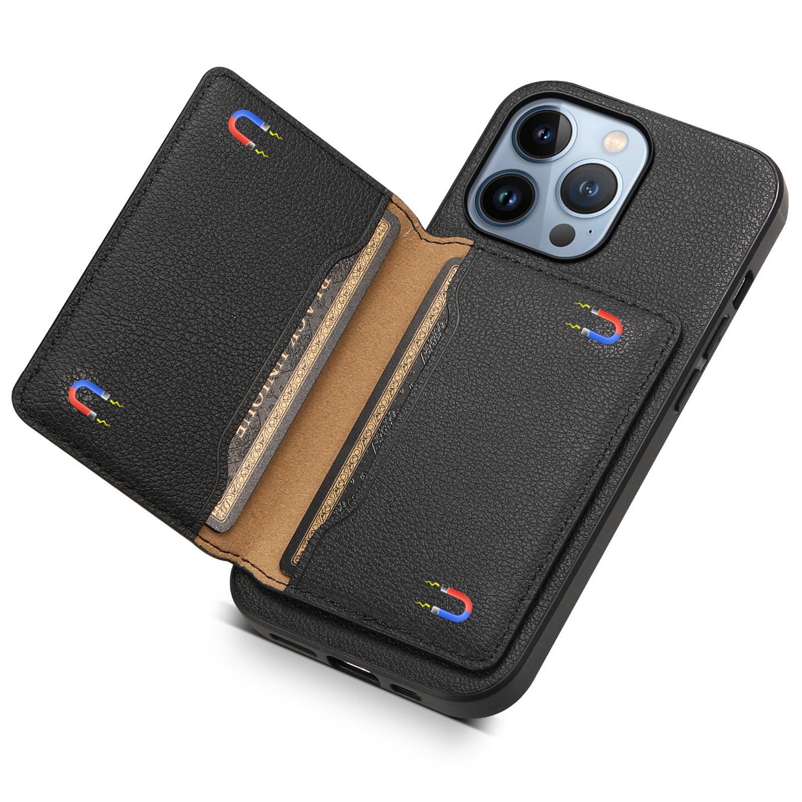 For iPhone 13 Pro Card Slot Case Kickstand Calf Texture PU+ PC+TPU Phone Cover